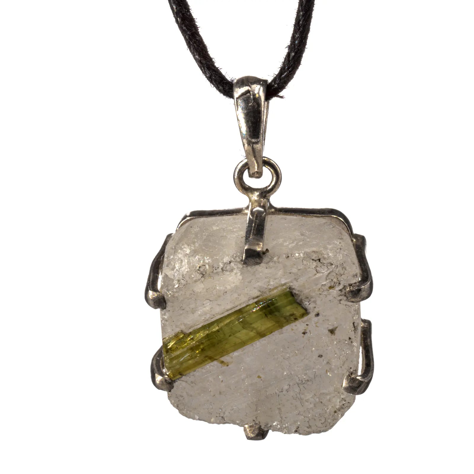 Pendentif tourmaline verte quartz argent - cristal - pendentif-argent-tourmaline-verte-brut-bresil-tvpd4 - CRISTAL SOURCES