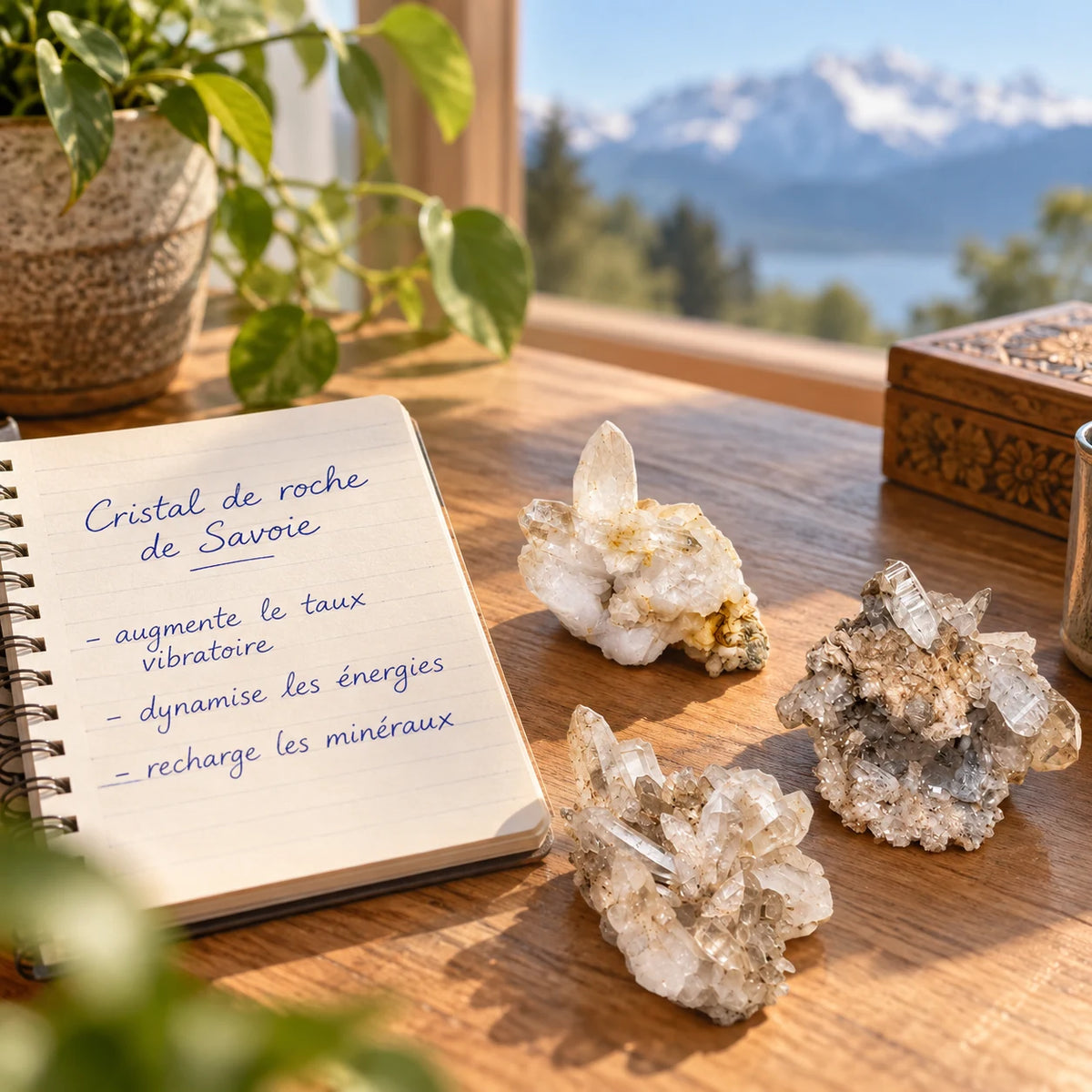 Pierre brute Cristal de roche druse du Beaufortain Savoie posée sur un bureau avec carnet sur les propriétés du cristal de roche