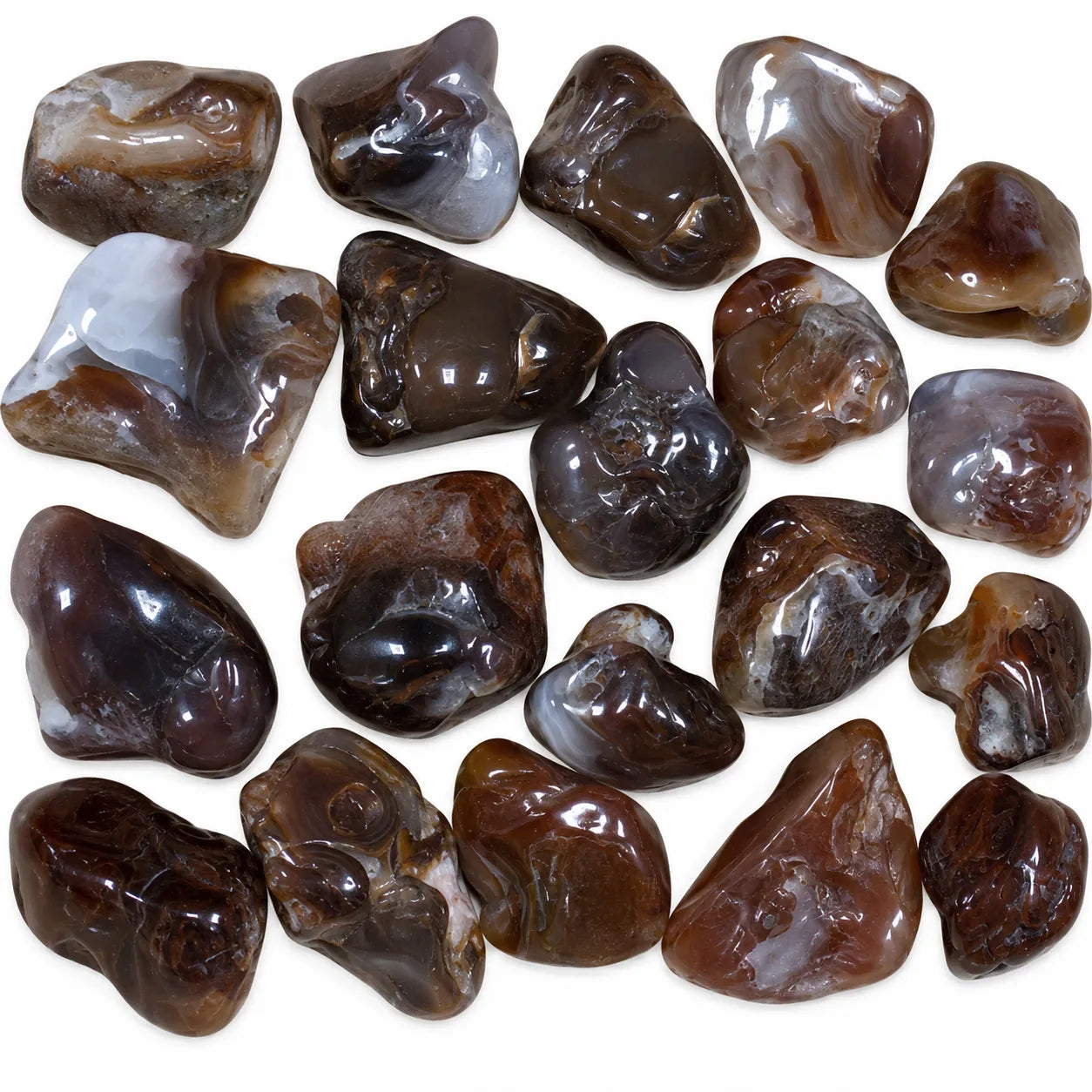 Collection d'agates de feu roulées du Mexique sur fond blanc, pierres naturelles polies aux nuances brunes, rouges, grises et blanches, idéales pour la collection de minéraux, la décoration et la lithothérapie.