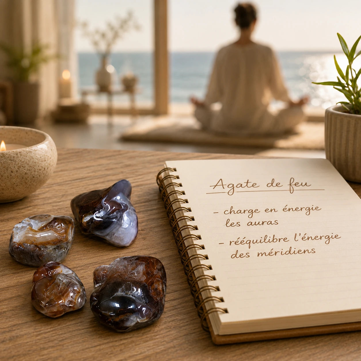 Agates de feu roulées du Mexique présentées sur une table en bois à côté d'un carnet dans une ambiance zen face à la mer, mettant en valeur les pierres naturelles polies utilisées en lithothérapie et en décoration.
