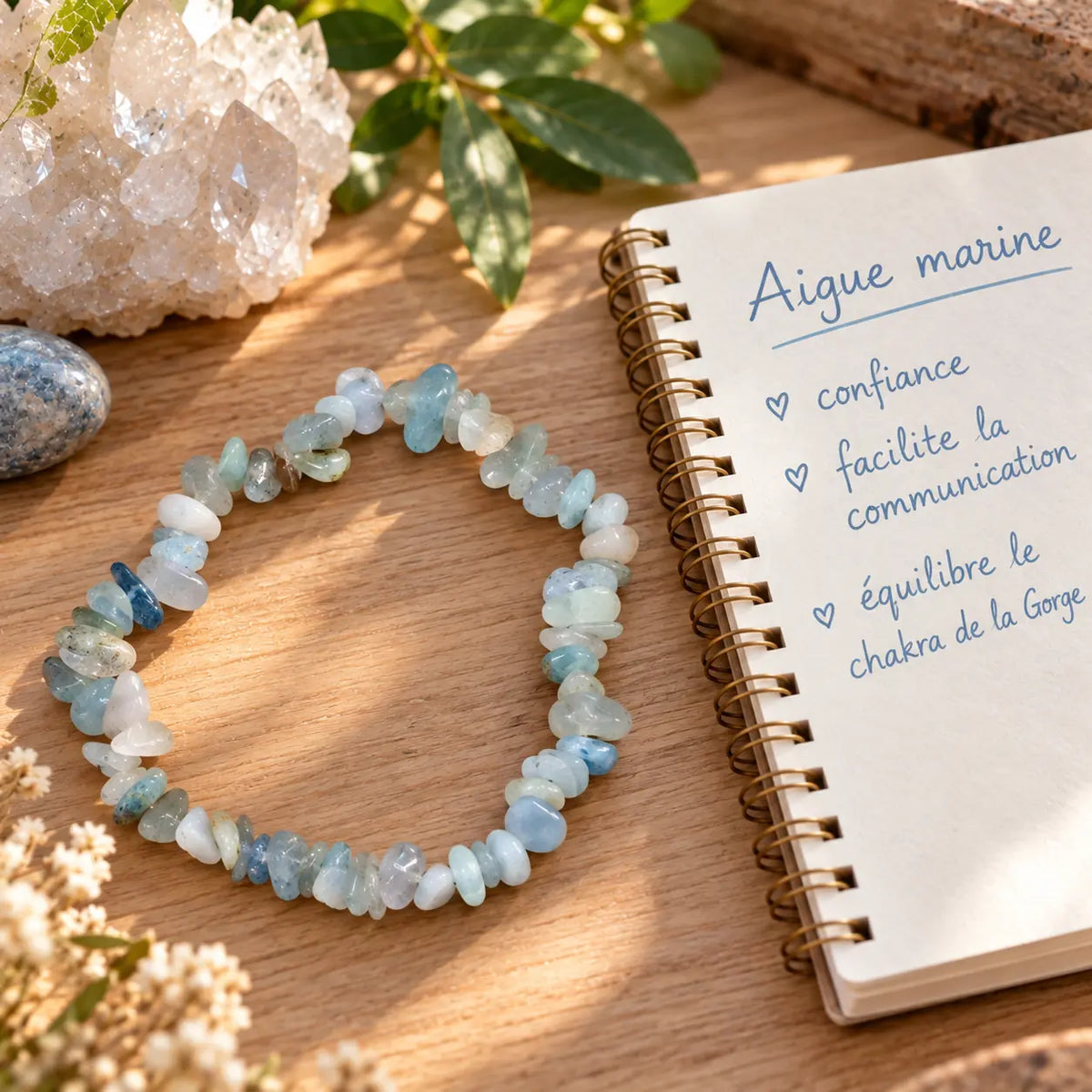 Bracelet en aigue-marine véritable à perles baroques posé près d’un carnet présentant les vertus traditionnellement associées à cette pierre en lithothérapie, dans une ambiance zen aux tons naturels.