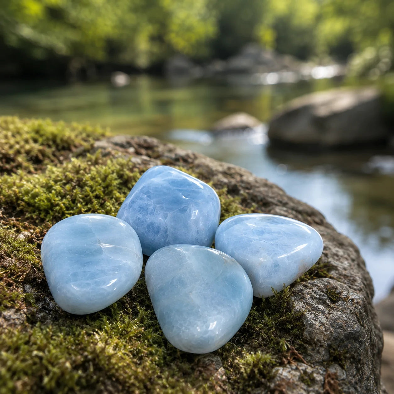 Quatre pierres roulées d'Aigue-marine du Brésil posées sur une roche recouverte de mousse au bord d'une rivière, dans un environnement naturel évoquant l'origine minérale de la pierre.