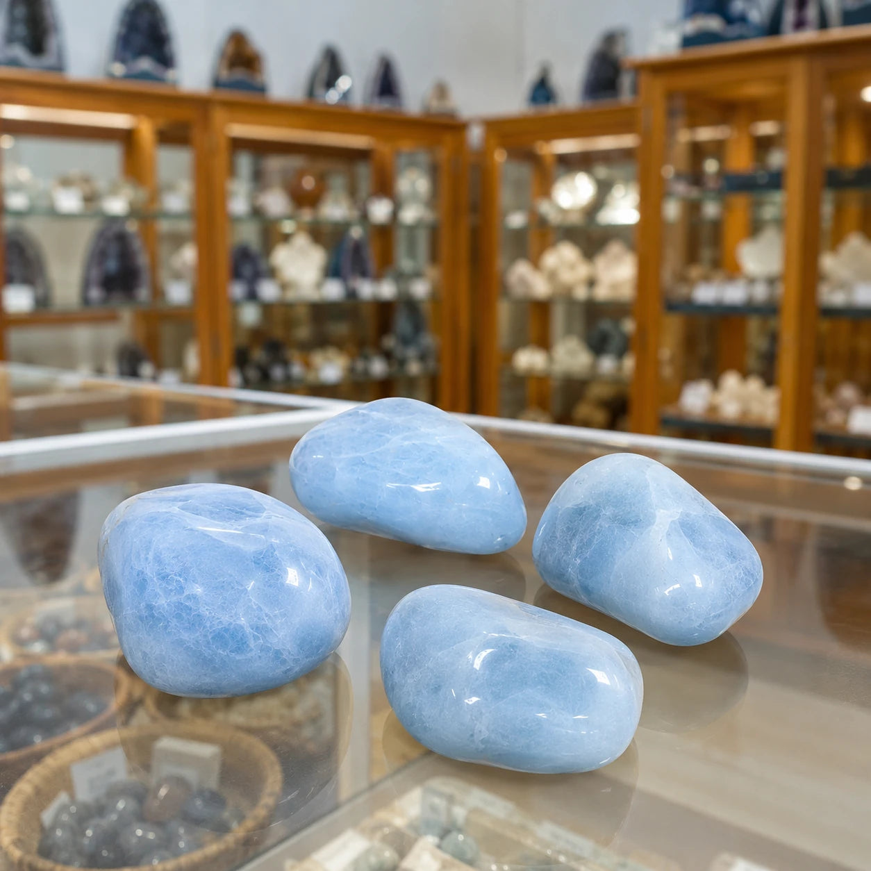 Quatre pierres roulées d'Aigue-marine du Brésil présentées sur une vitrine de la boutique Cristal Sources, mettant en valeur leur couleur naturelle et leur finition polie.