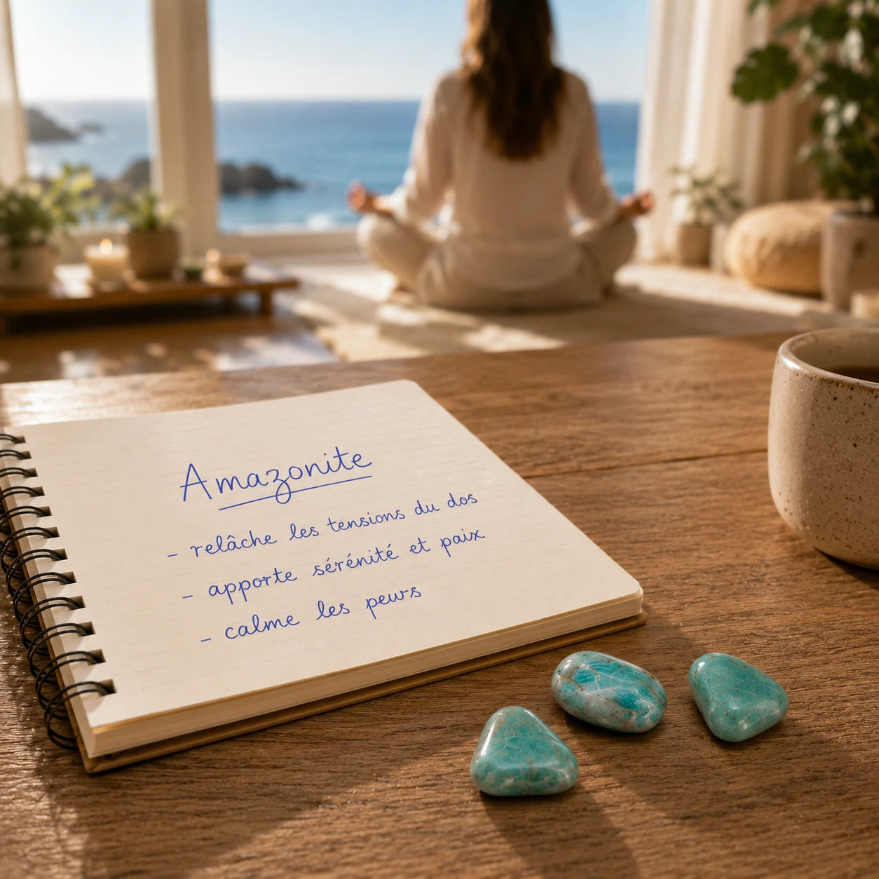 Amazonites roulées de Namibie posées près d'un carnet dans une ambiance zen face à la mer, mettant en valeur la taille réelle et les couleurs naturelles des pierres.