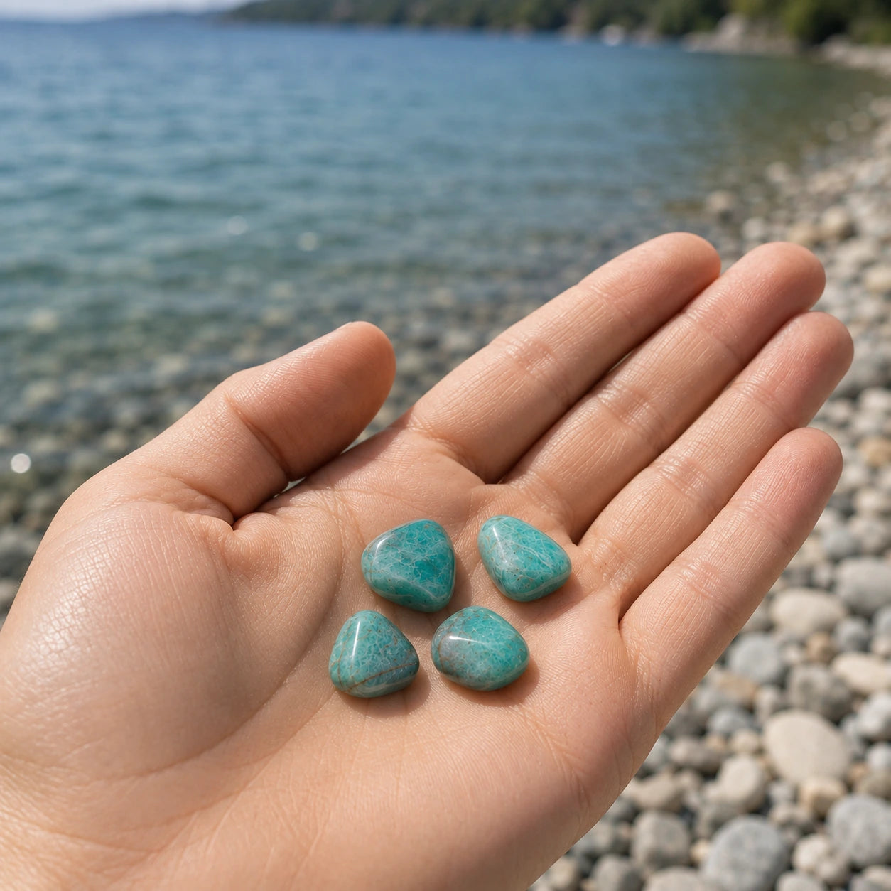 Quatre amazonites roulées de Namibie tenues dans une main au bord d'un lac, illustrant leur taille réelle de 1 à 2 cm et leurs nuances naturelles bleu-vert.
