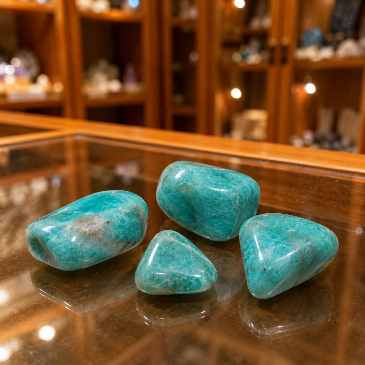 Amazonites roulées de Namibie exposées sur une vitrine de minéraux, pierres polies naturelles aux couleurs fidèles présentées dans une boutique spécialisée.
