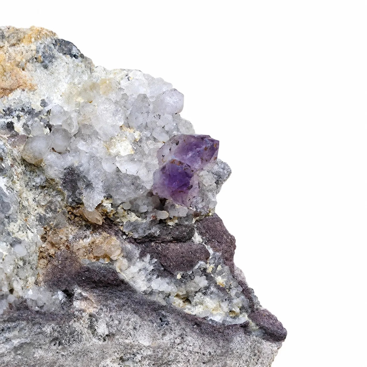 Gros plan des cristaux d'améthyste naturels sur gangue provenant d'Osilo, Sardaigne, révélant la couleur violette, les faces cristallines et les détails minéralogiques.