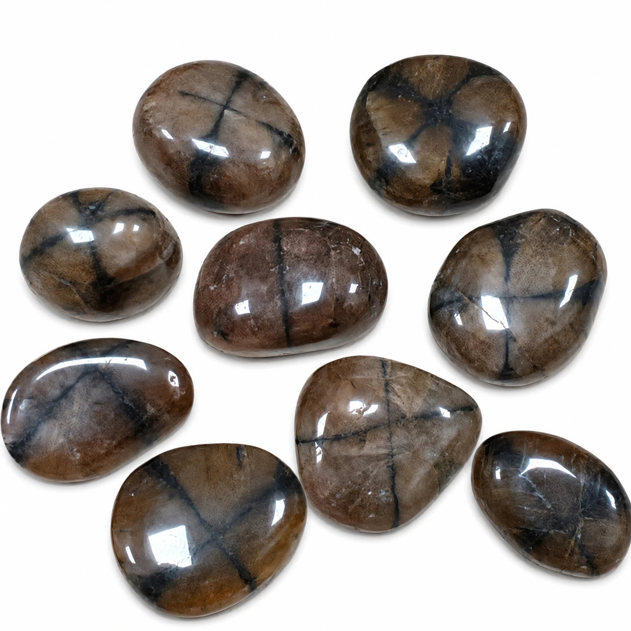 Lot de pierres naturelles andalousite variété chiastolite roulées de Chine, montrant les célèbres inclusions en croix noires caractéristiques, galets polis de collection et de lithothérapie sur fond blanc.