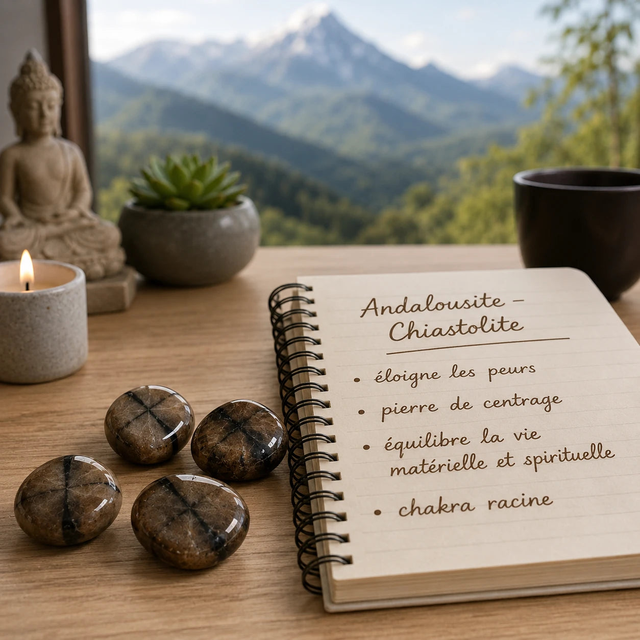 Pierres naturelles andalousite variété chiastolite roulées de Chine disposées sur un bureau à côté d'un carnet présentant leurs propriétés en lithothérapie, ambiance zen avec vue floue sur les montagnes, photo de présentation pour la vente.