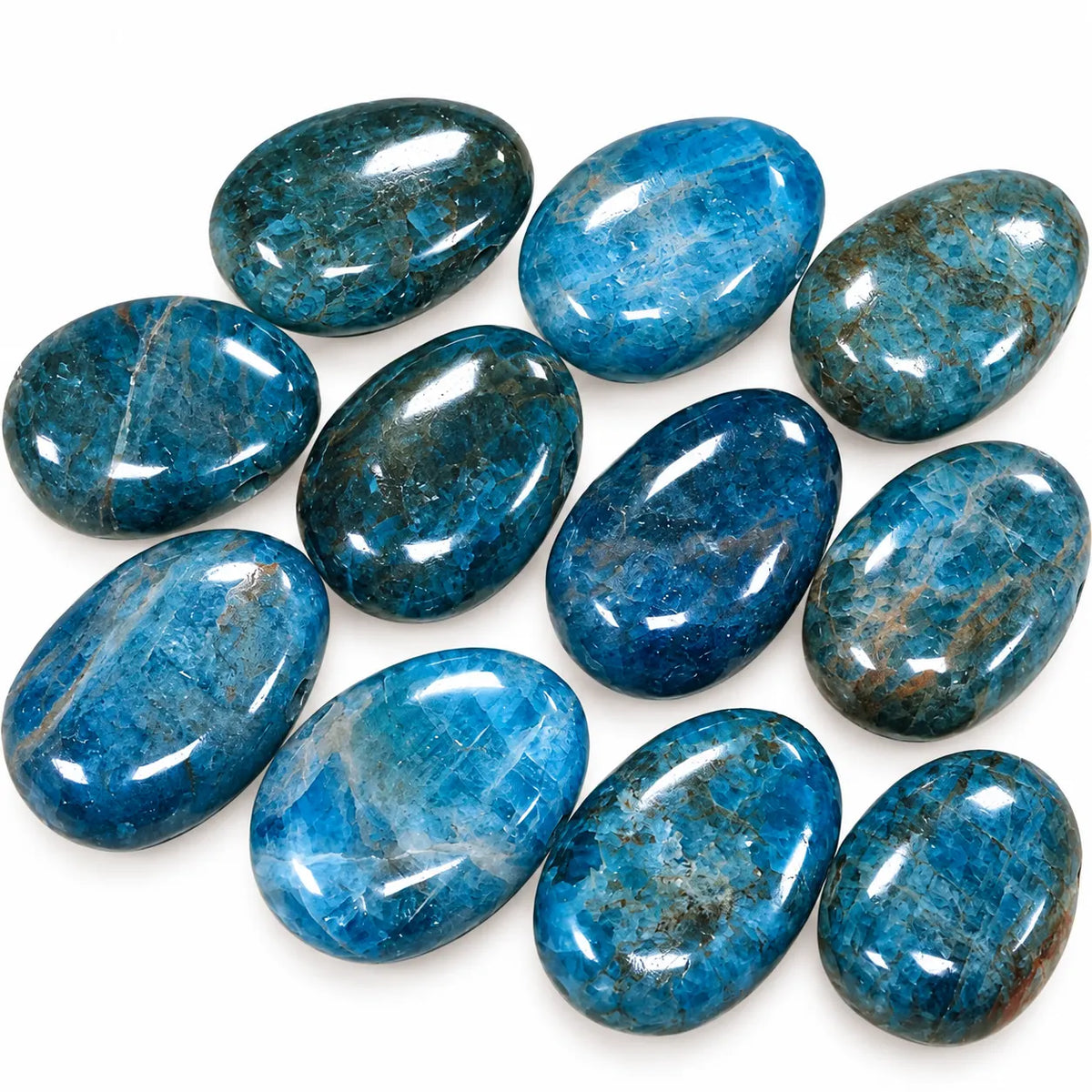 pierres polies en apatite bleue, aux nuances bleu clair à bleu foncé et aux motifs variés, sur fond blanc