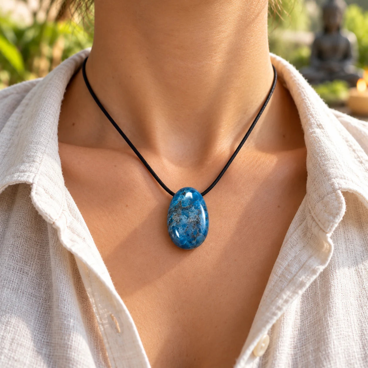 Collier en apatite bleue porté au cou sur un cordon noir, avec une chemise blanche ouverte.