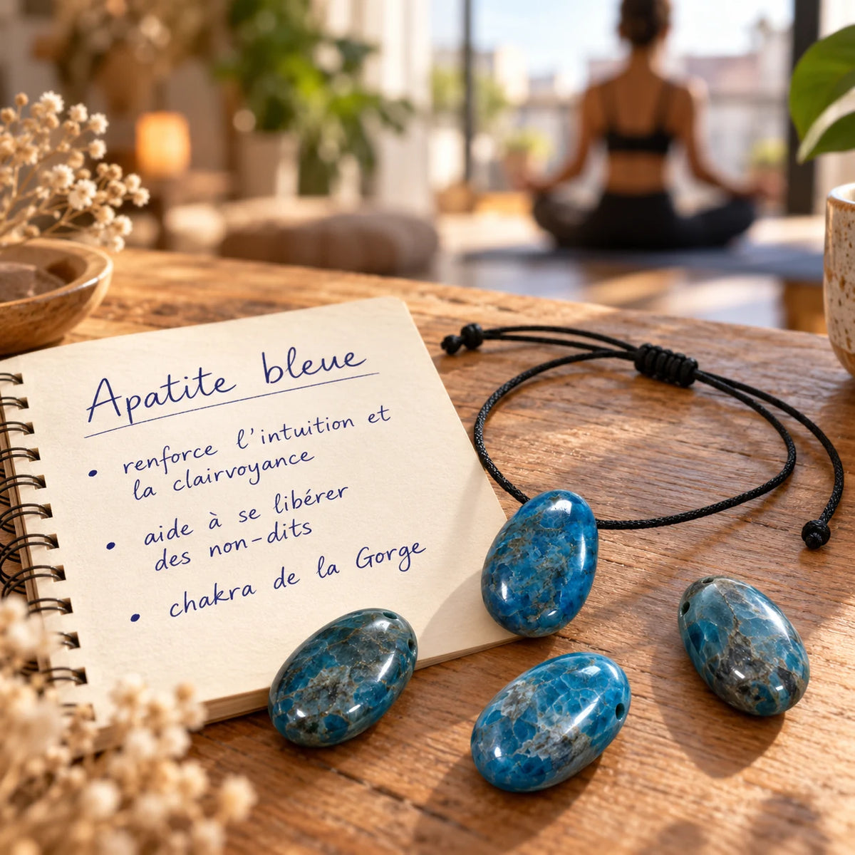 Pendentif en apatite bleue sur cordon à nœud coulissant, accompagné de trois pierres polies sur une table en bois