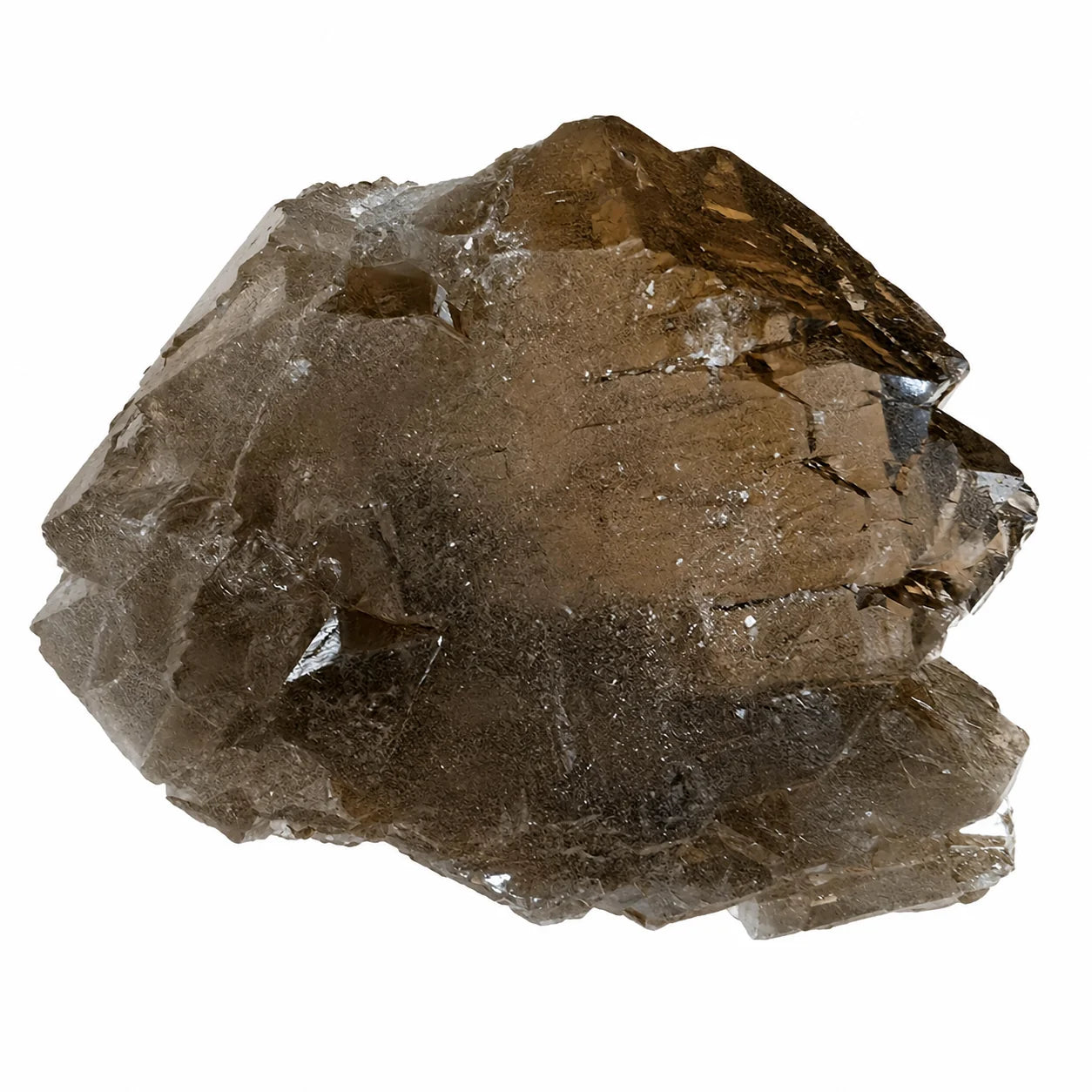 Quartz fumé Gwindel du massif du Mont-Blanc découvert à Talèfre en 2023, cristal alpin naturel de collection avec cristallisation complexe et reflets brun fumé, vue arrière.