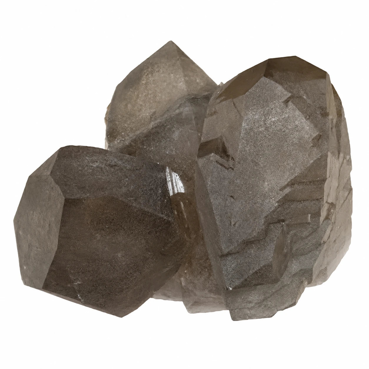 Vue arrière d'un quartz fumé gwindel de Talèfre, Mont Blanc, France, montrant la structure hélicoïdale caractéristique des cristaux gwindel et la transparence brun fumé naturelle.