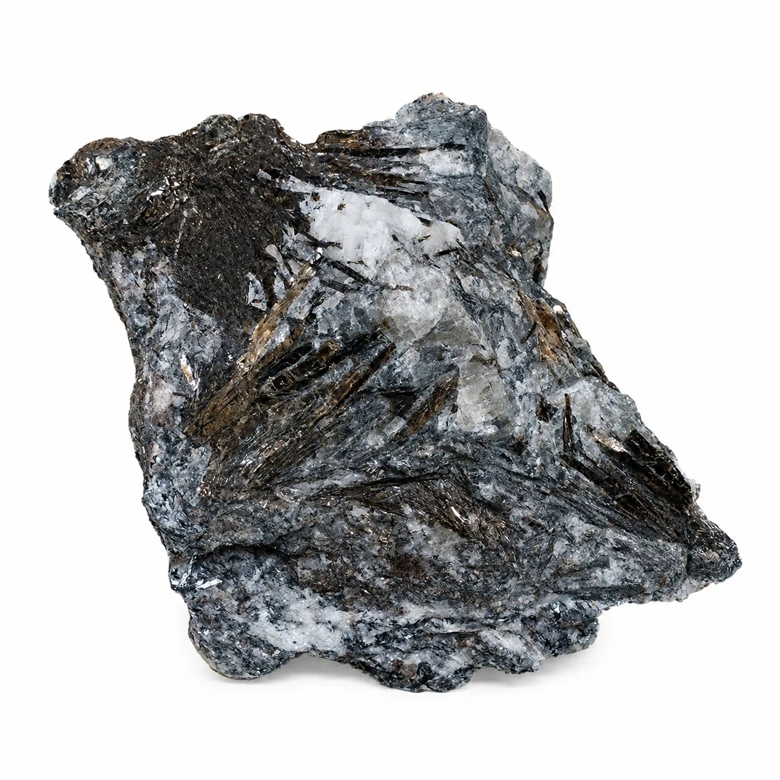 Pierre de collection en astrophyllite de Russie, cristaux métalliques brun doré sur gangue de feldspath et quartz
