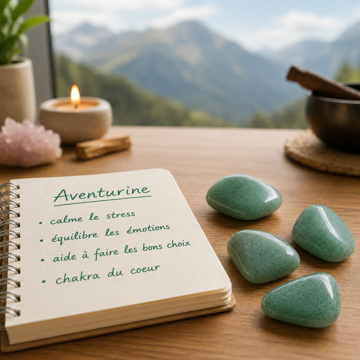 Pierres naturelles aventurine verte roulée de Tanzanie posées sur un bureau près d'un carnet de lithothérapie, ambiance zen avec montagne en arrière-plan, illustration des bienfaits traditionnellement associés à l'aventurine verte.