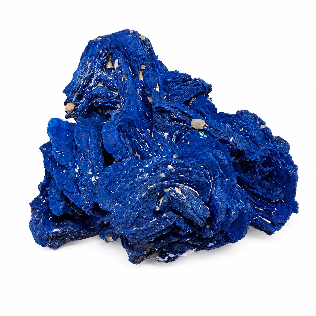 Azurite naturelle de Chessy, France, vue sous un angle différent, groupe de cristaux tabulaires bleu intense photographié sur fond blanc pour mettre en évidence le relief, la morphologie et les faces cristallines du spécimen.