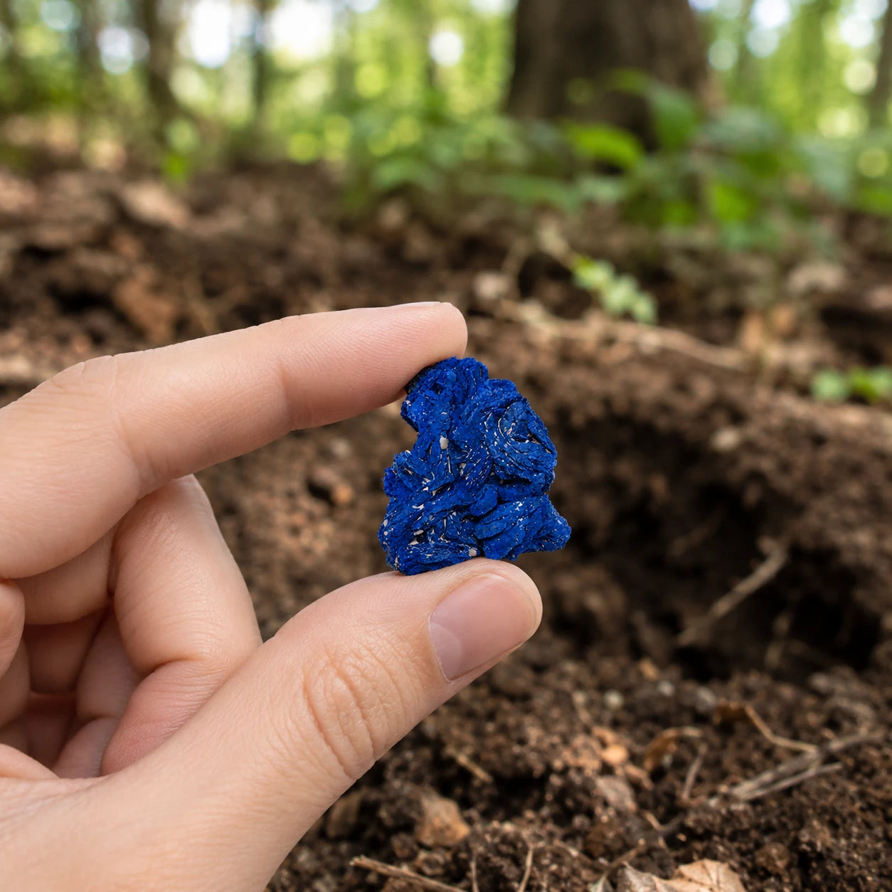 Azurite de Chessy, France, groupe de cristaux tabulaires bleu profond tenu entre les doigts en pleine nature, illustrant la taille réelle de ce minéral de collection aux cristallisations naturelles.
