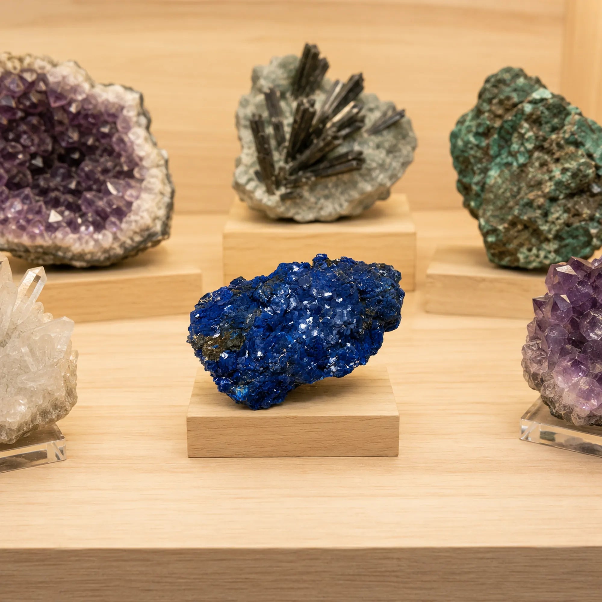Azurite naturelle de Chessy-les-Mines (France) exposée sur un socle dans une vitrine de minéraux, pierre de collection aux cristaux bleu profond présentée parmi d'autres spécimens minéralogiques pour illustrer sa taille réelle et sa qualité.