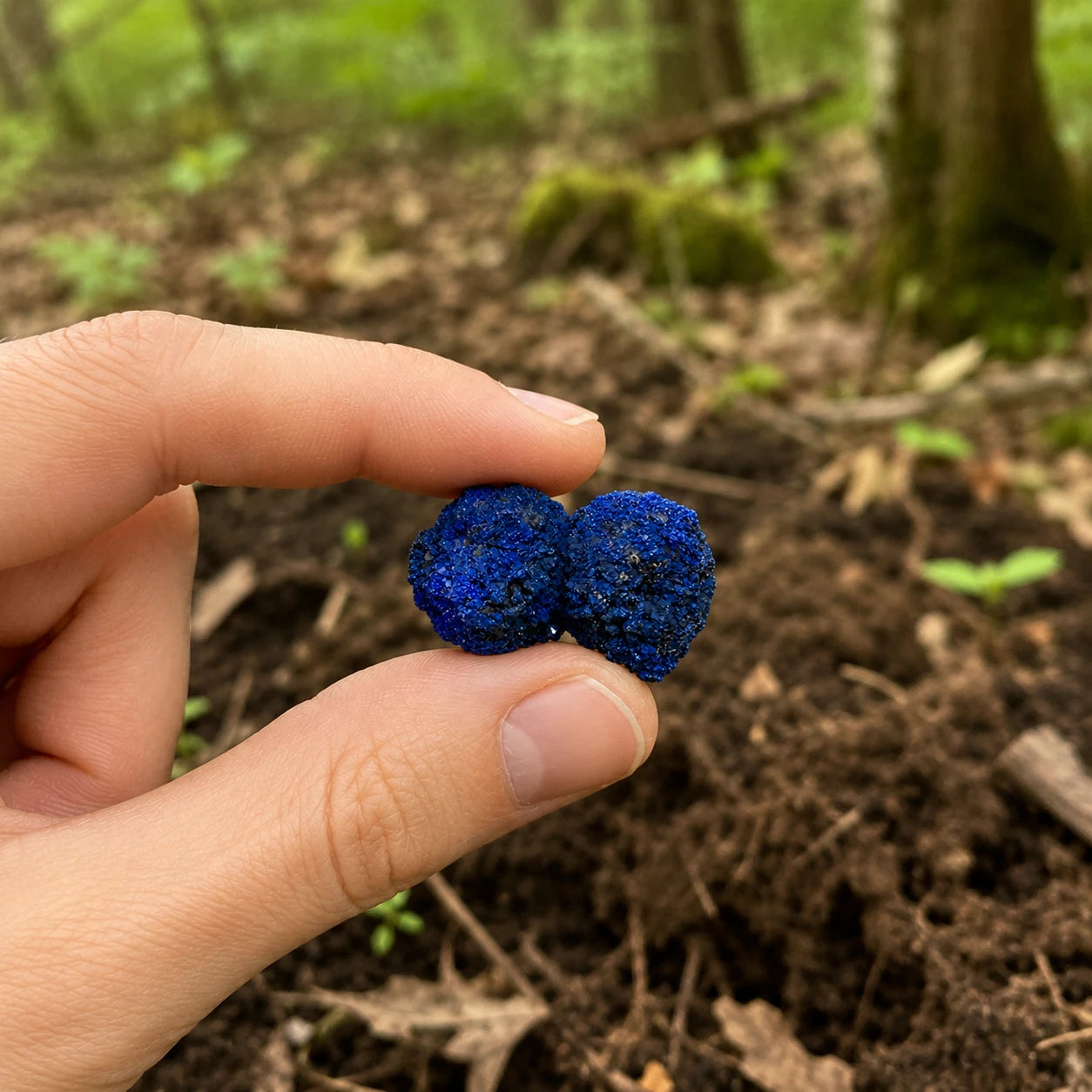 Azurite naturelle de Chessy-les-Mines (France) tenue entre les doigts dans un environnement forestier, permettant d'apprécier la taille réelle d'un spécimen minéralogique de 3,5 cm.