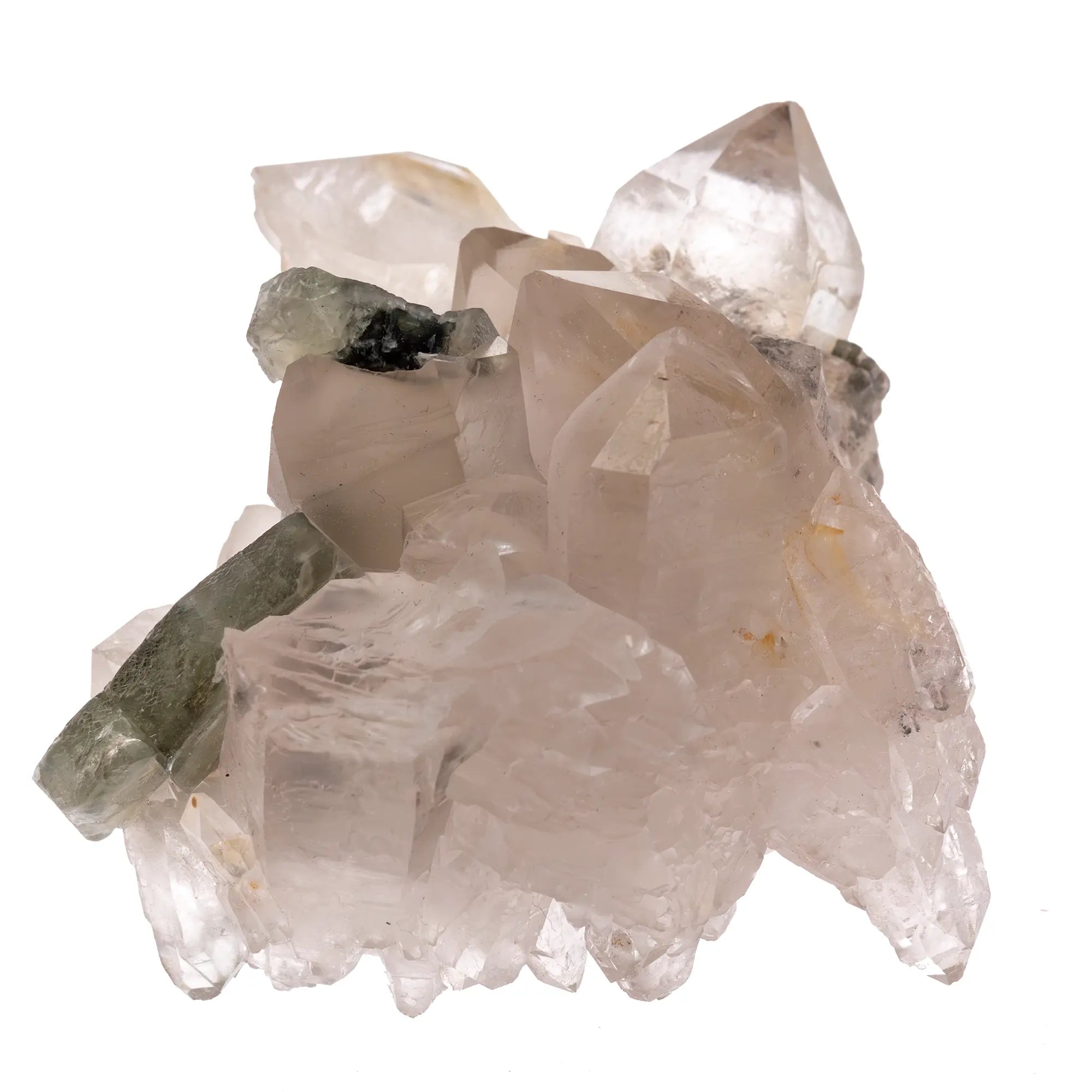 Détail des cristaux de quartz brillants et apatite verte – Panasqueira, Portugal