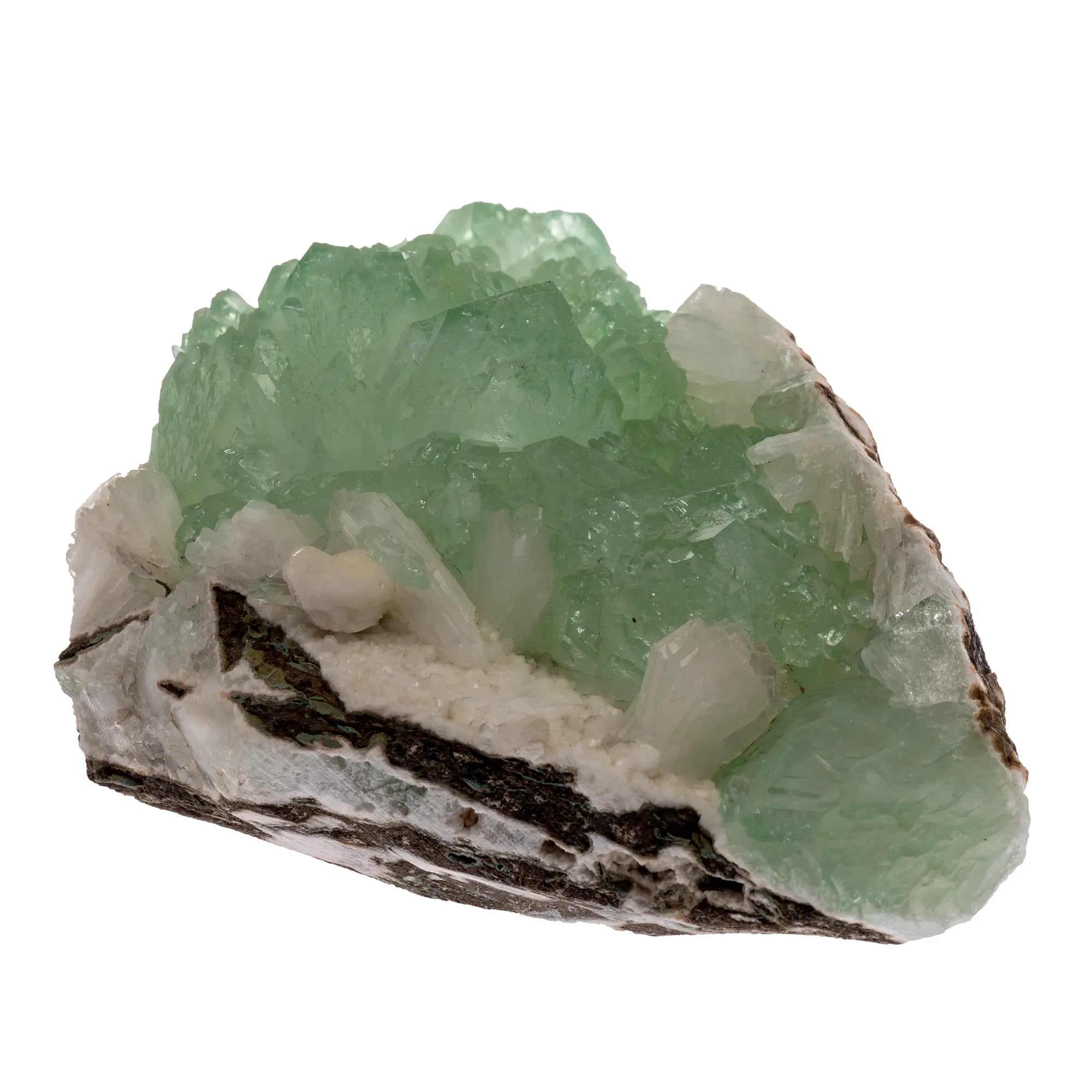 Détail de l’apophyllite verte et stilbite blanche, cristaux naturels et brillants