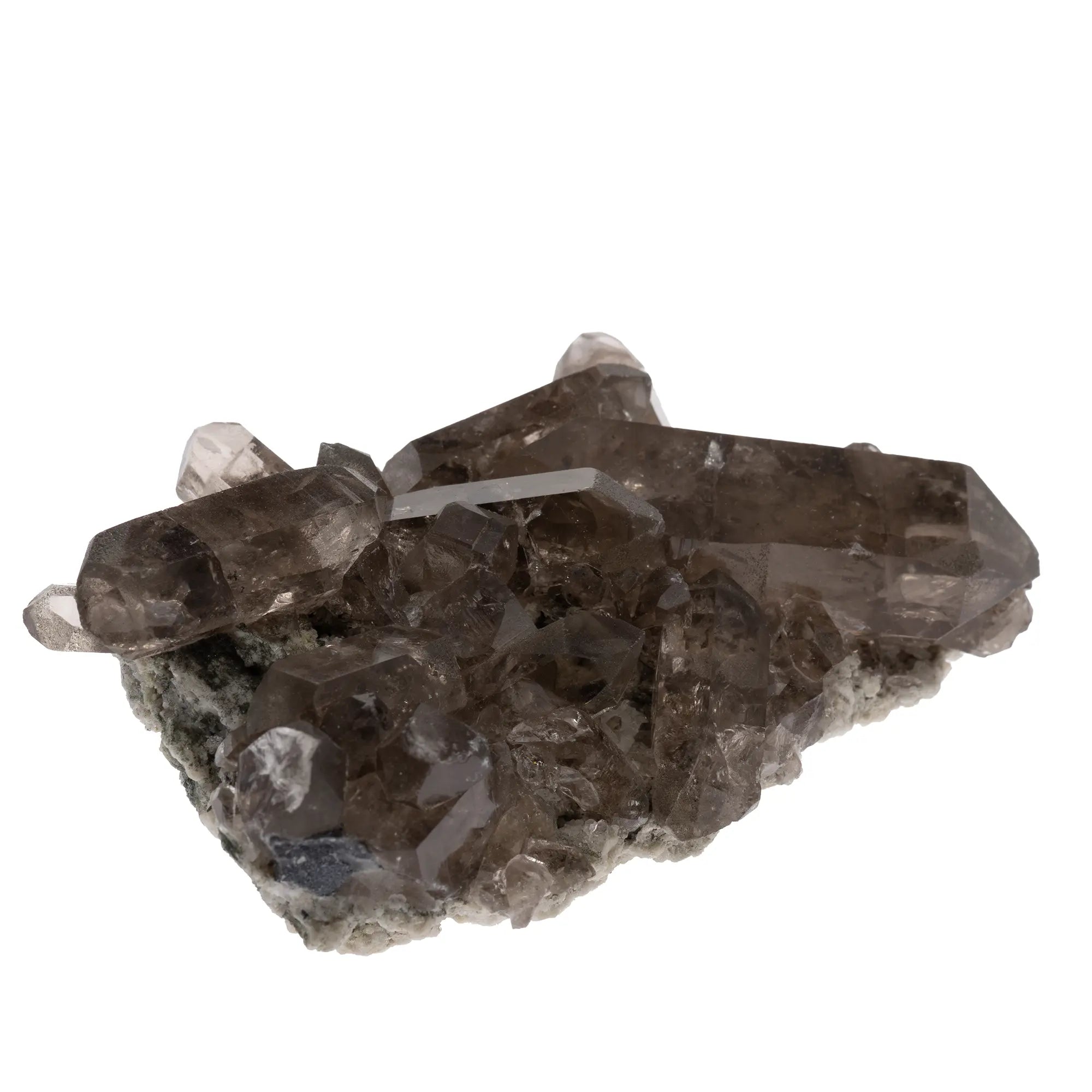 Cristaux de quartz fumé biterminés brillants sur roche d’origine alpine