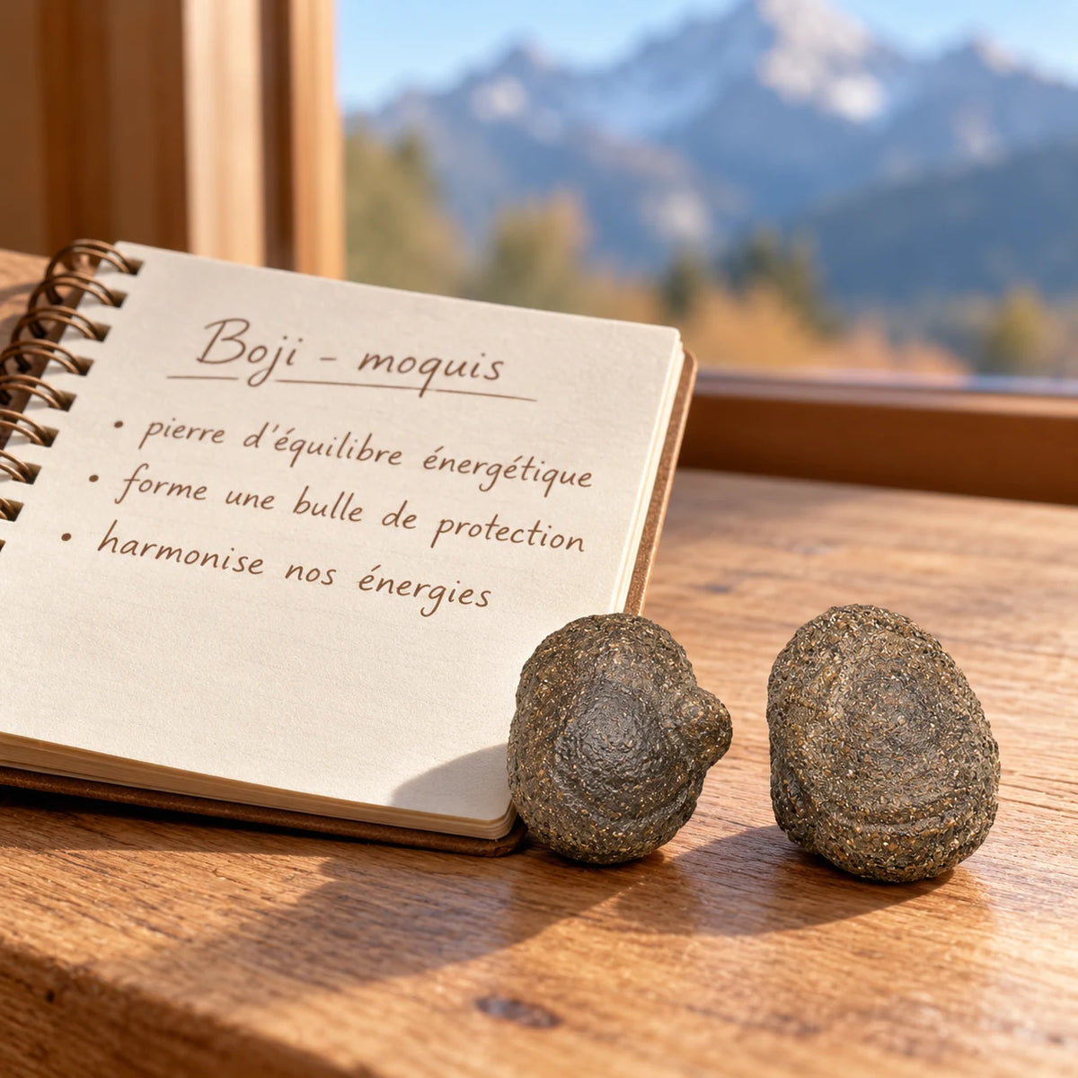 Pierre brute Boji Arizona vendue par paire, deux pierres naturelles brutes posées sur un bureau avec leurs vertus