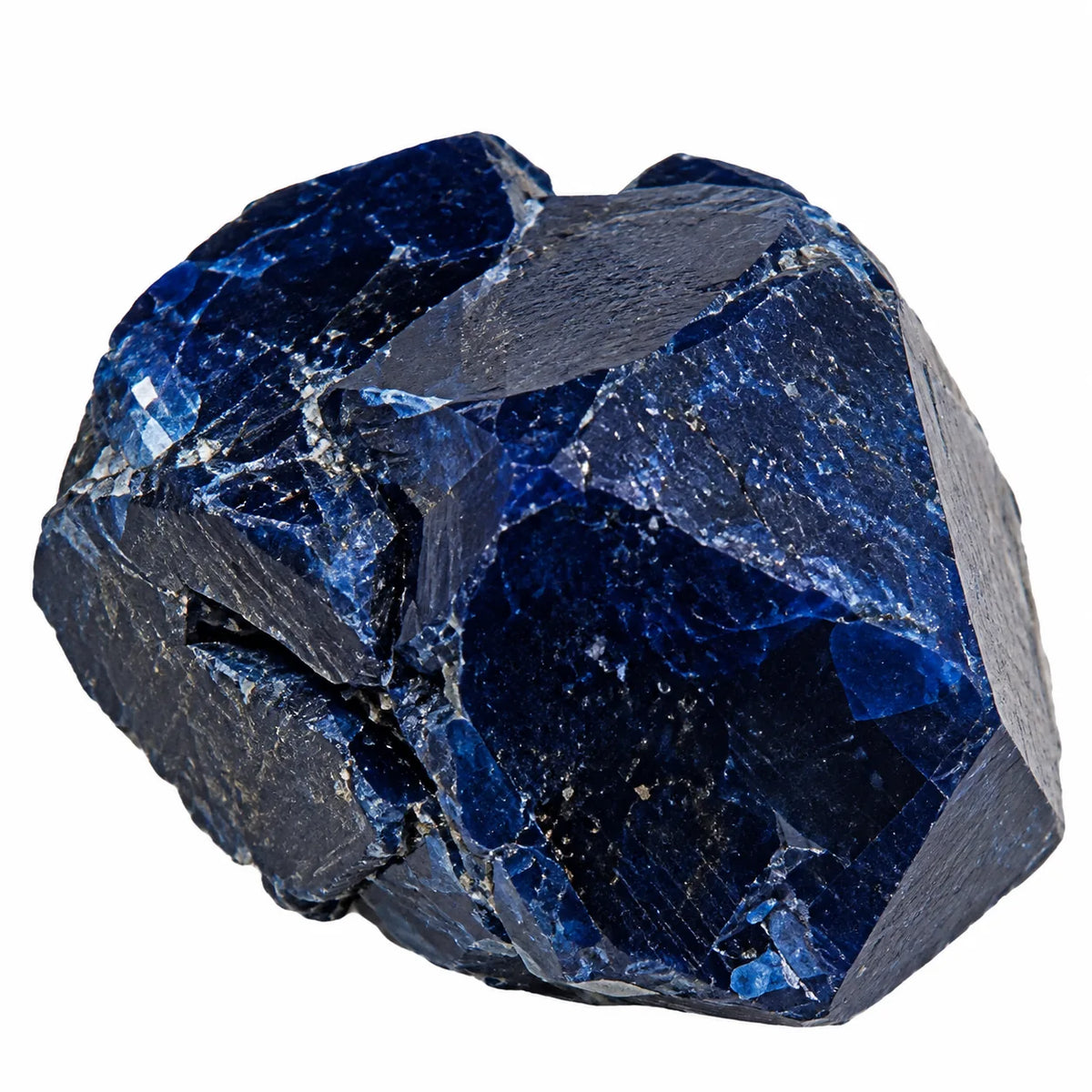 Pierre naturelle de collection, cristal de boléite du Mexique à la structure anguleuse, aux surfaces brillantes et aux nuances bleu foncé.