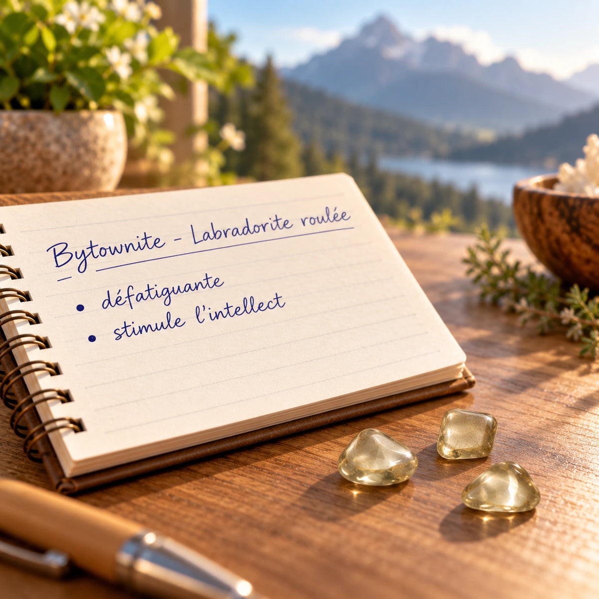 Pierres roulées naturelles Bytownite, appelée labradorite dorée de Madagascar, présentées sur un bureau avec carnet et paysage de montagne