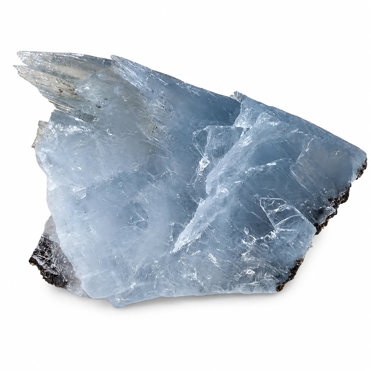 Baryte bleue cristallisée sur matrice de Nador au Maroc, minéral de collection naturel avec cristaux biterminés translucides, vue de l'autre face.