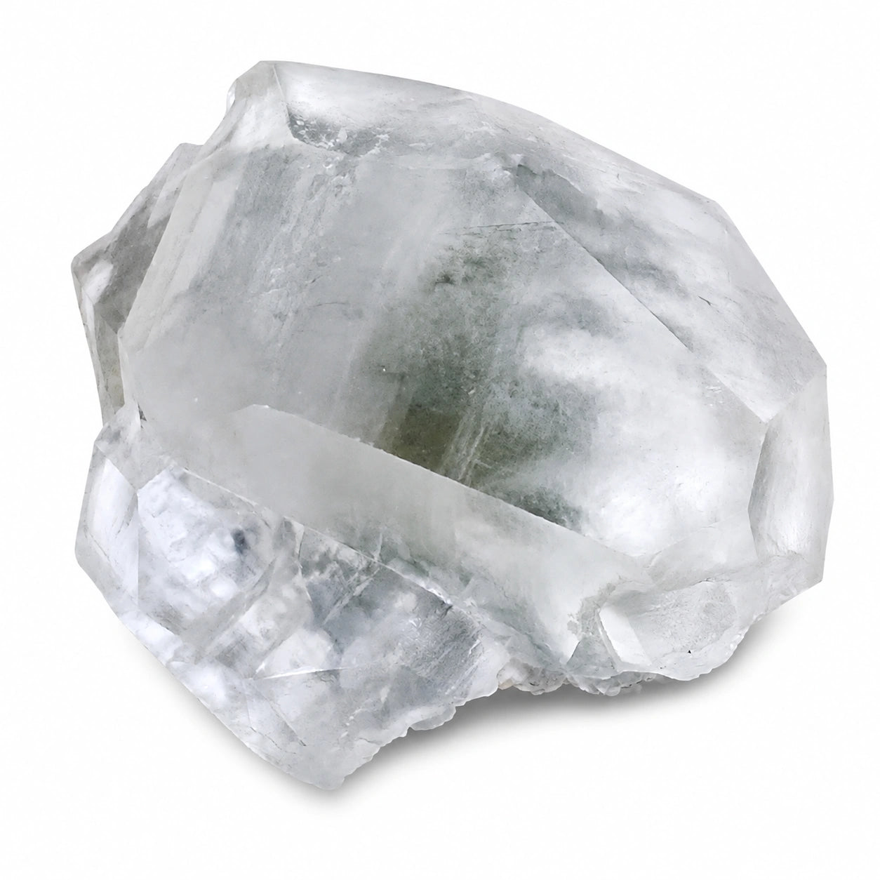 Cristal de calcite brute d'Inde avec mordenite et chlorite, minéral de collection présentant des cristaux transparents sur gangue blanche, vue arrière.