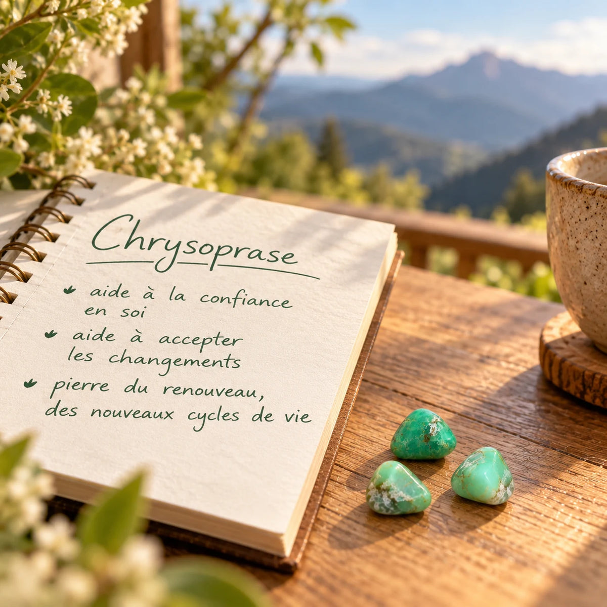 Trois petites chrysoprases vertes sur une table en bois, près d’un carnet évoquant la confiance en soi et le renouveau en lithothérapie