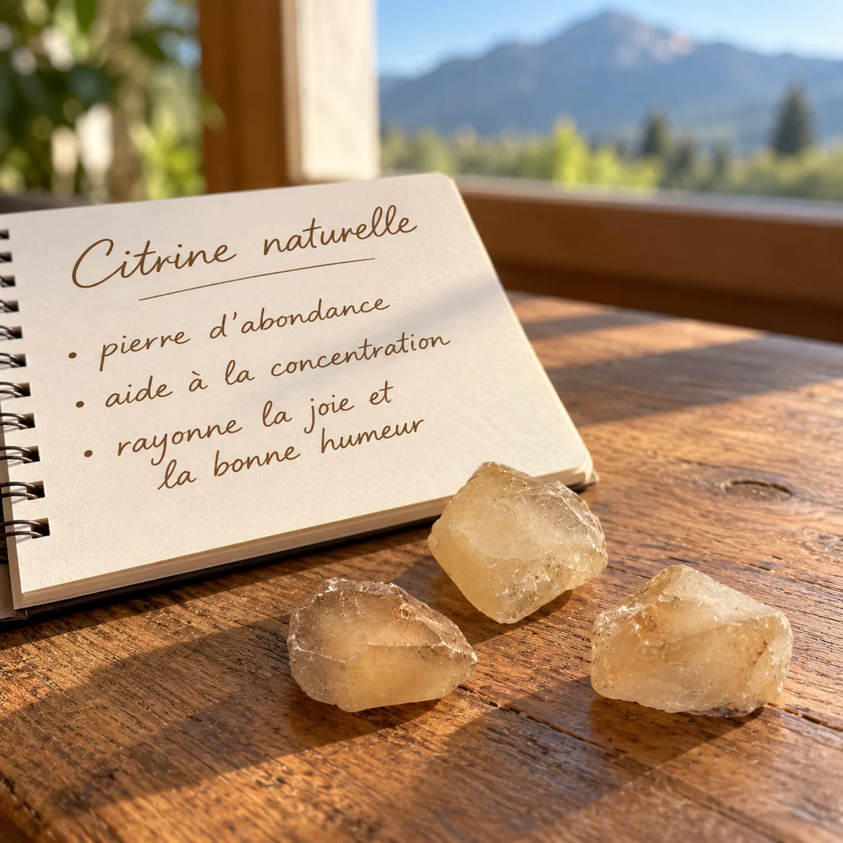 Trois pierres brutes de citrine naturelle du Brésil posées sur un bureau en bois à côté d’un carnet, ambiance zen avec montagne en arrière-plan
