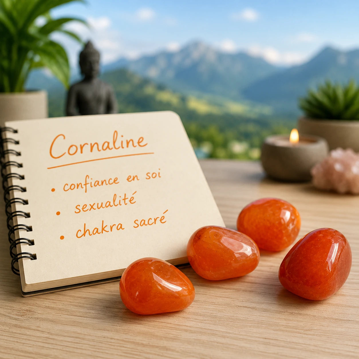 Pierre naturelle cornaline roulée du Botswana présentée dans une ambiance zen sur un bureau, à côté d'un carnet illustrant les thèmes confiance en soi, sexualité et chakra sacré.