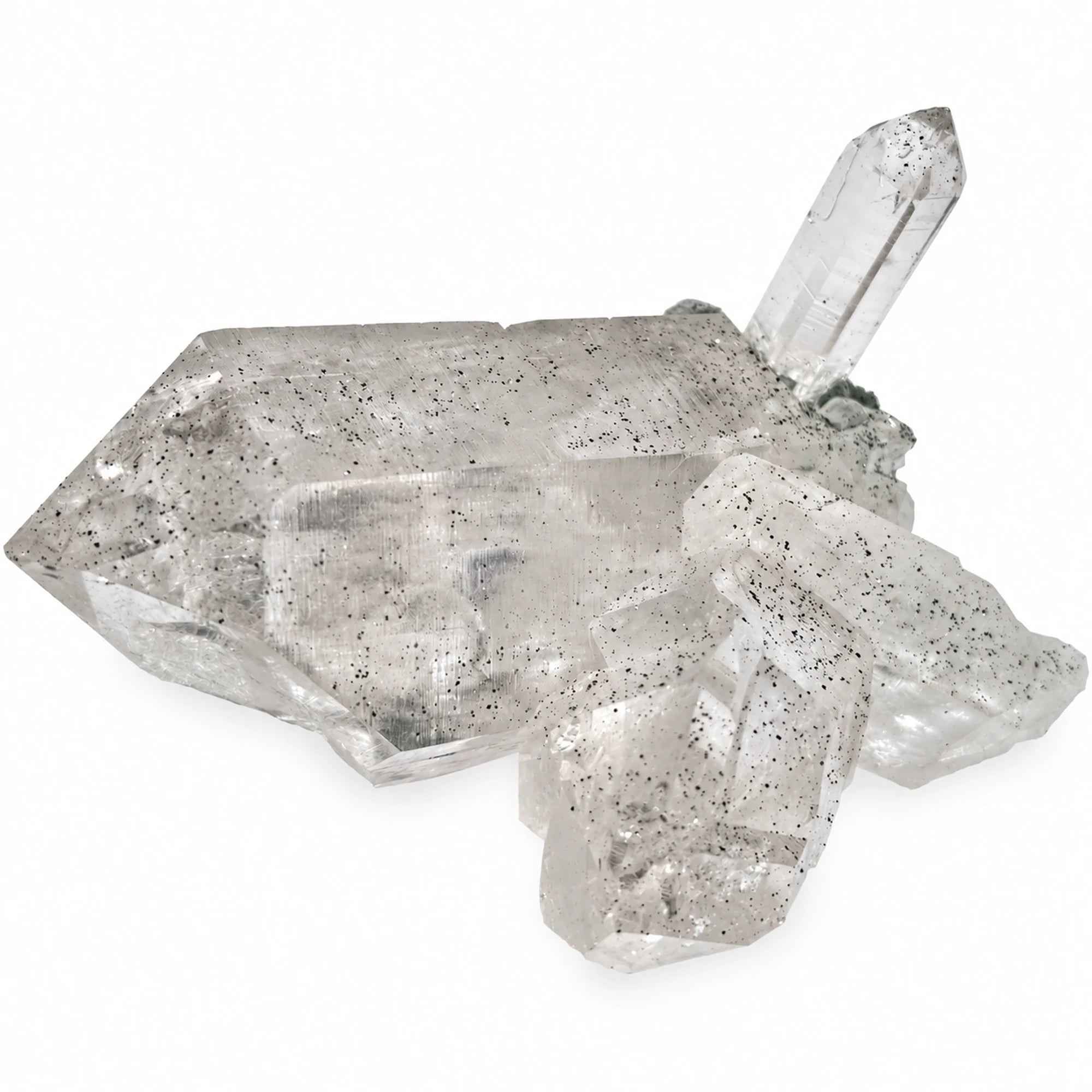 Spécimen minéralogique de cristal de roche indien de Kullu avec inclusions de microcristaux d'anatase noirs