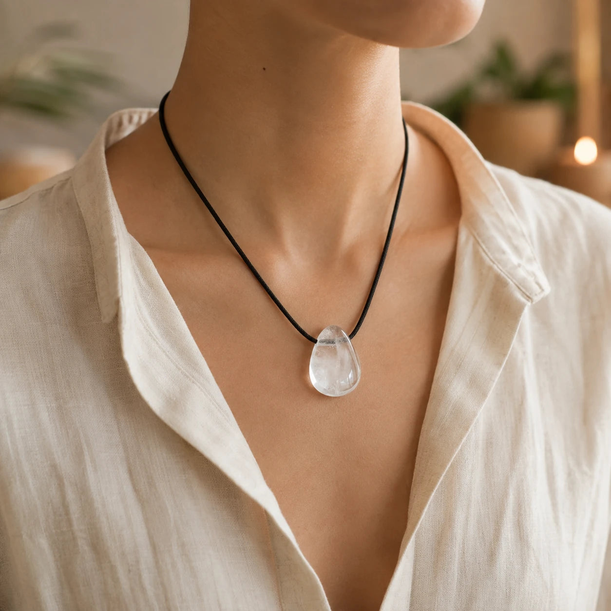 Pendentif cristal de roche de Madagascar porté autour du cou sur cordon noir réglable, pierre percée naturelle en quartz transparent dans une ambiance zen et élégante.
