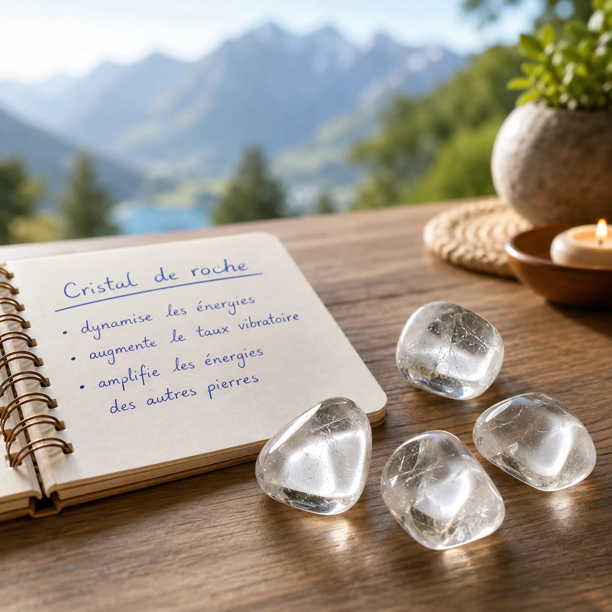 Pierre naturelle cristal de roche roulé du Brésil – pierres roulées en quartz transparent posées à côté d'un carnet présentant leurs propriétés énergétiques, dans une ambiance zen avec vue sur les montagnes.