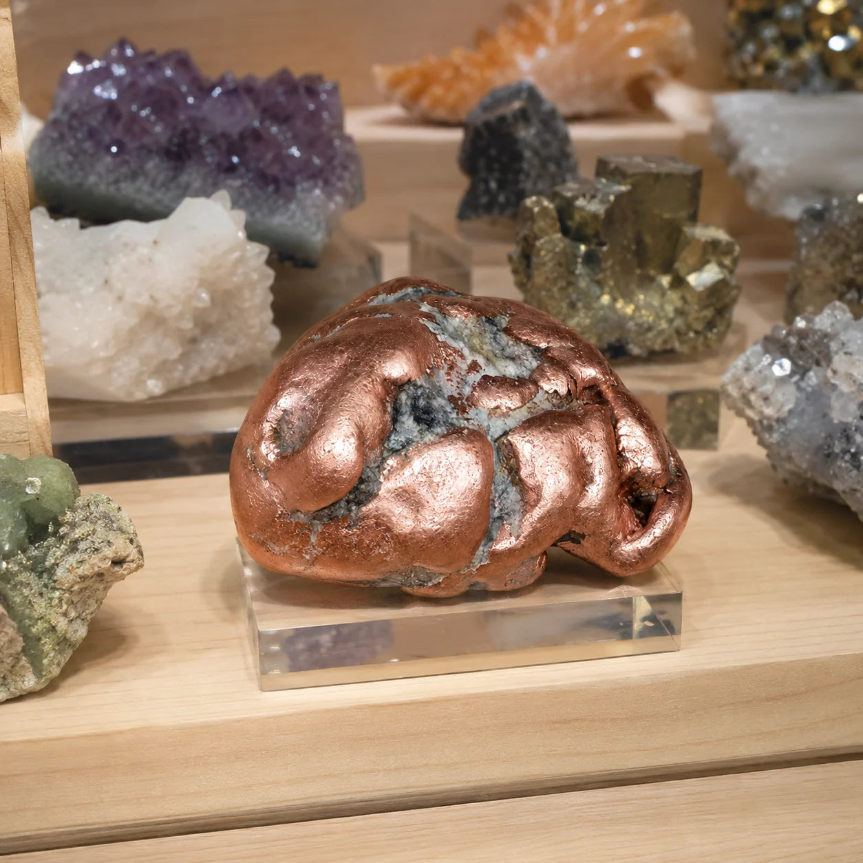 Cuivre natif poli de Keweenaw, Michigan, présenté sur un socle dans une vitrine de minéraux, permettant d'apprécier ses dimensions réelles, son éclat métallique naturel et sa qualité de pierre de collection.