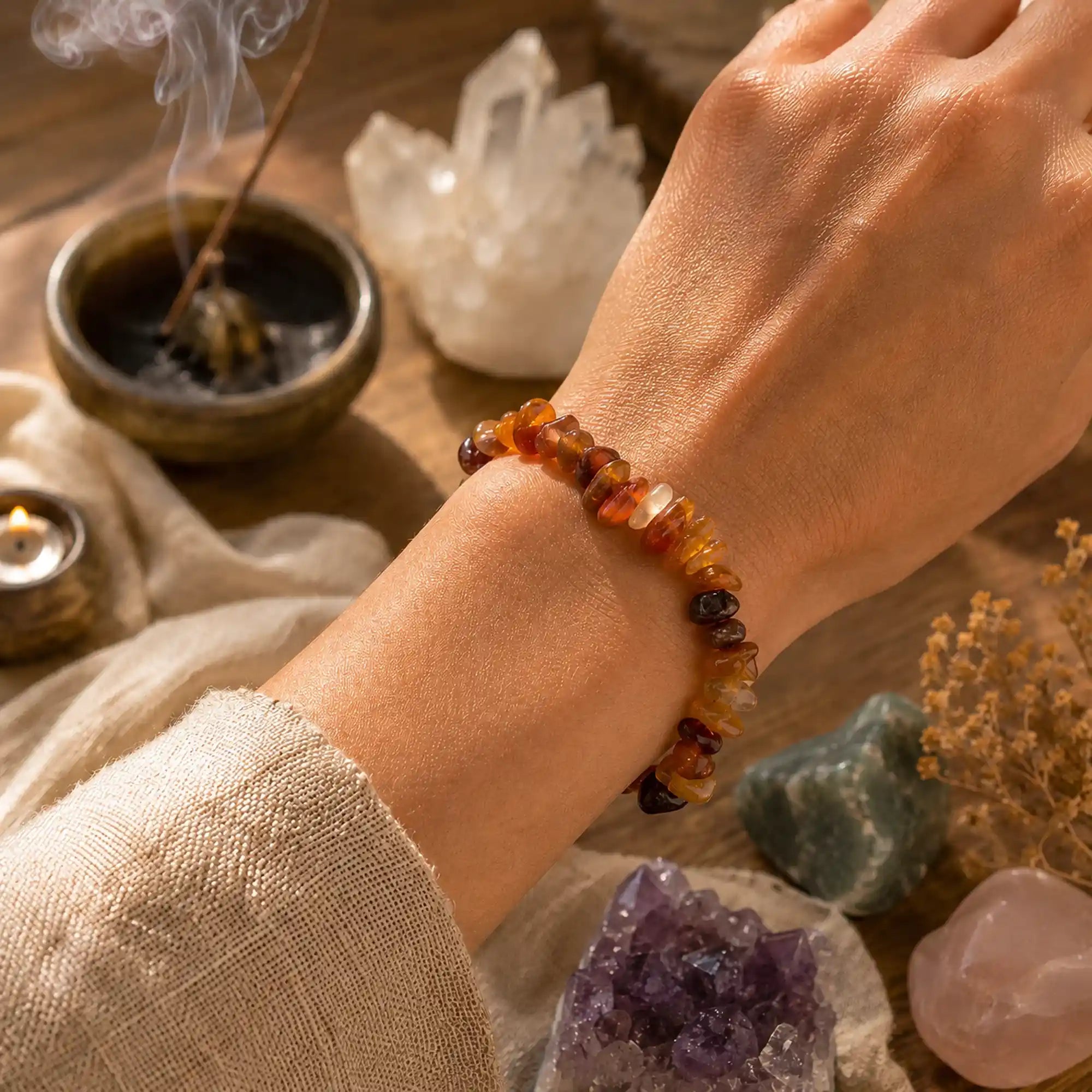 Bracelet en cornaline avec perle baroque porté par homme ou femme