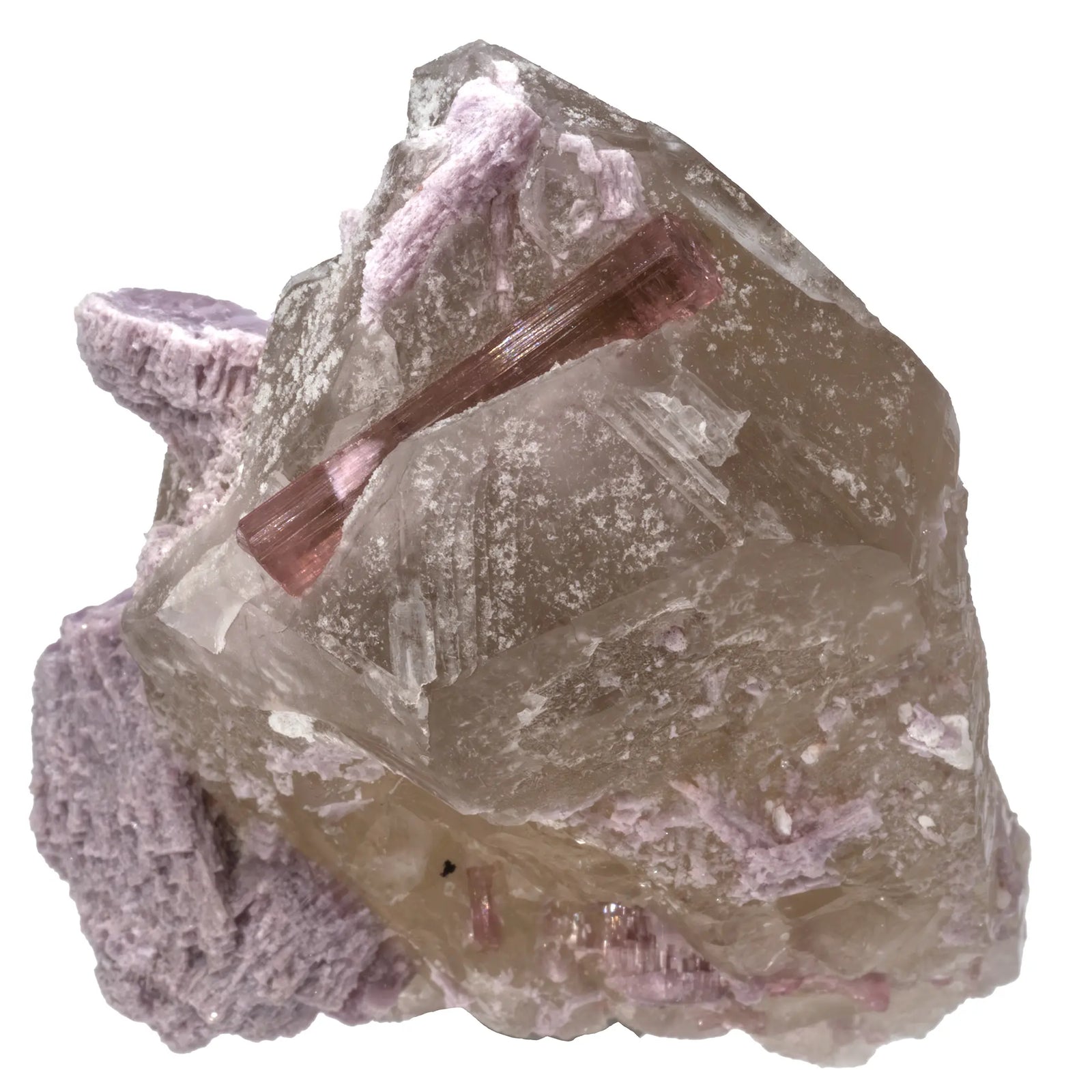 Tourmaline rose et lépidolite sur quartz - collection