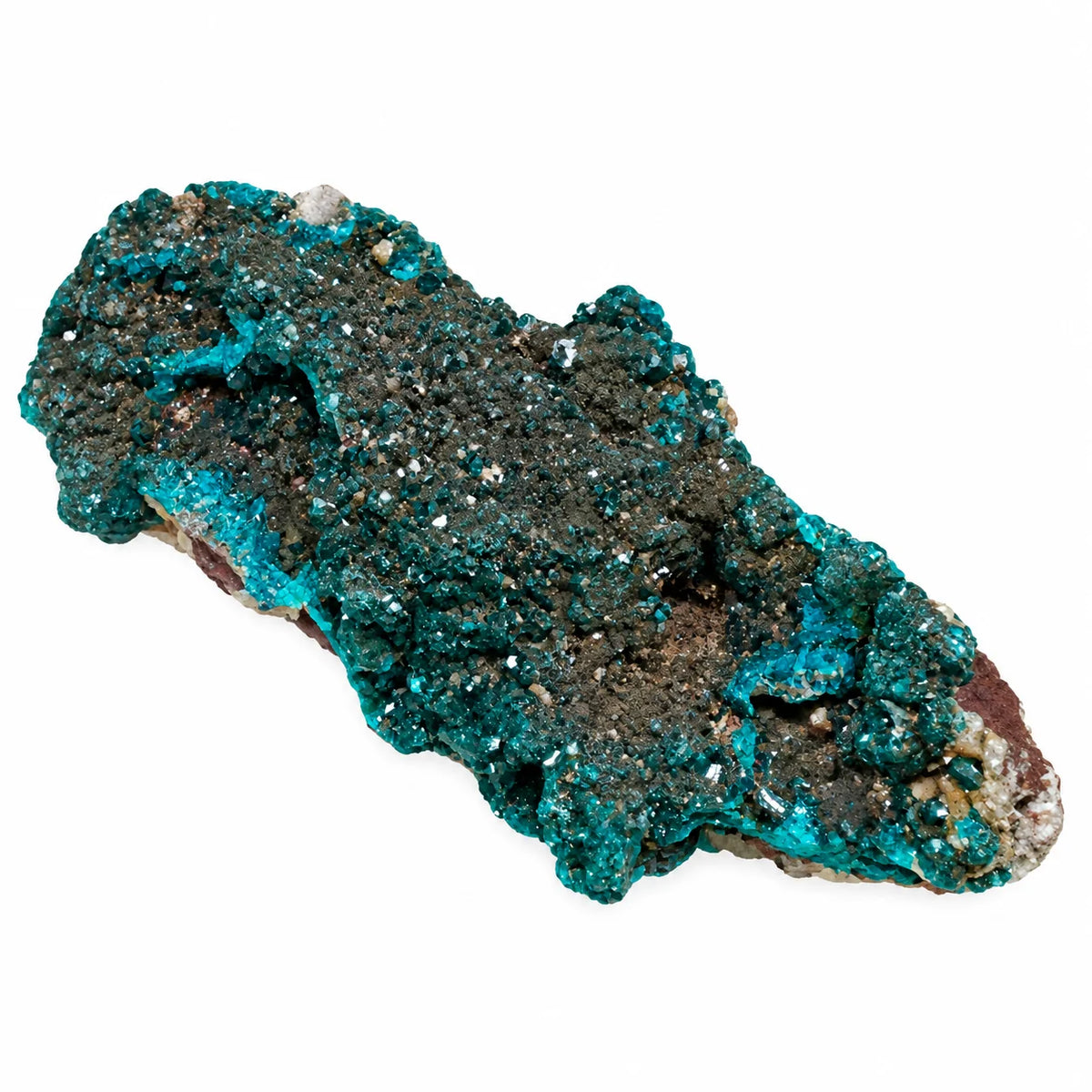 Dioptase avec mimétite de Mindouli, montrant les cavités et les reliefs cristallisés sur gangue marron