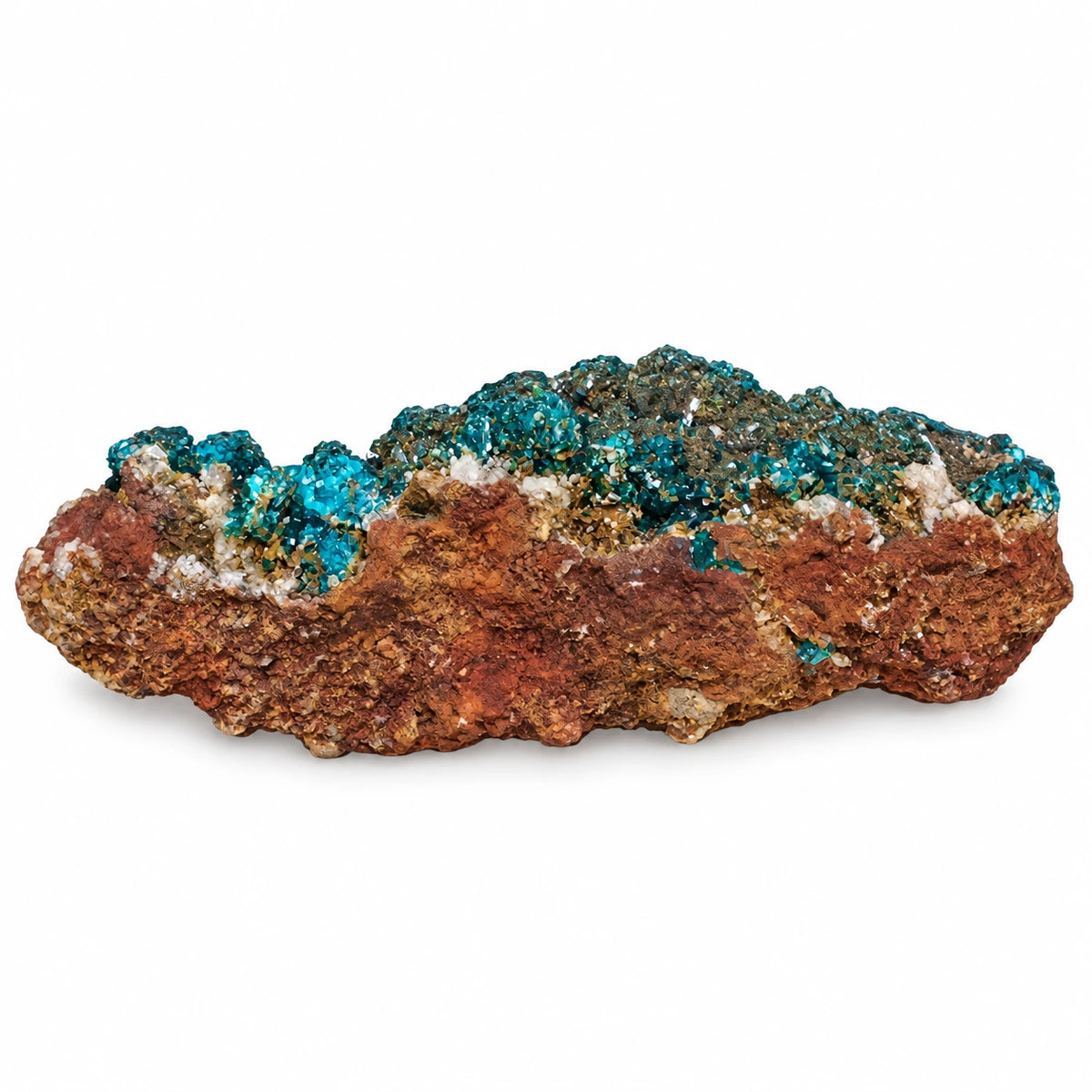 Spécimen de Mindouli avec cristaux verts de dioptase, mimétite jaune et gangue brun rouge