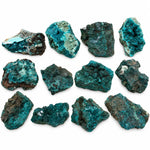 Pierres de dioptase brute de Mindouli, aux cristallisations vert bleu et aux traces de gangue brune, sur fond blanc