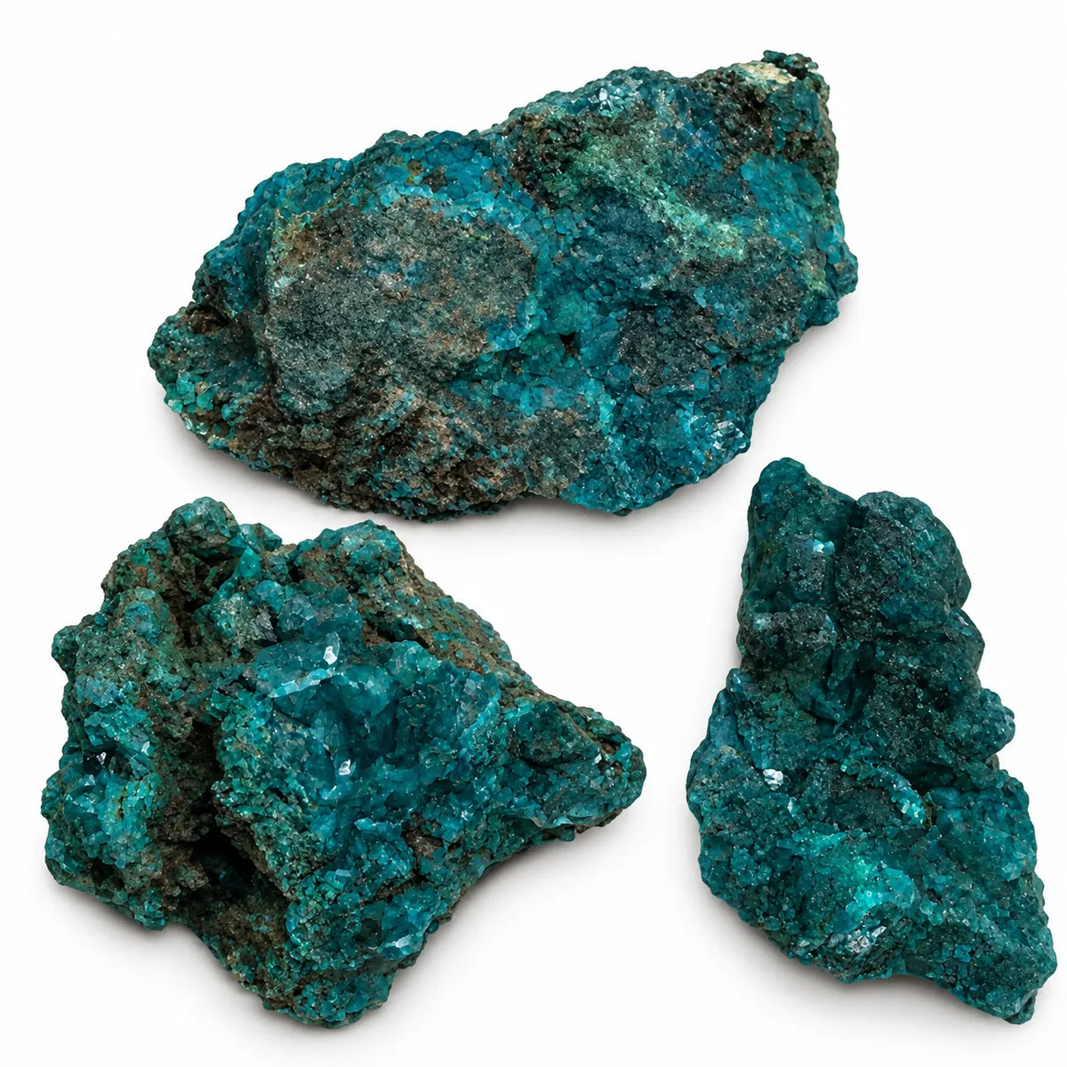 Dioptases naturelles de Mindouli sur fond blanc, avec cristaux vert bleu et zones de roche grise à brune