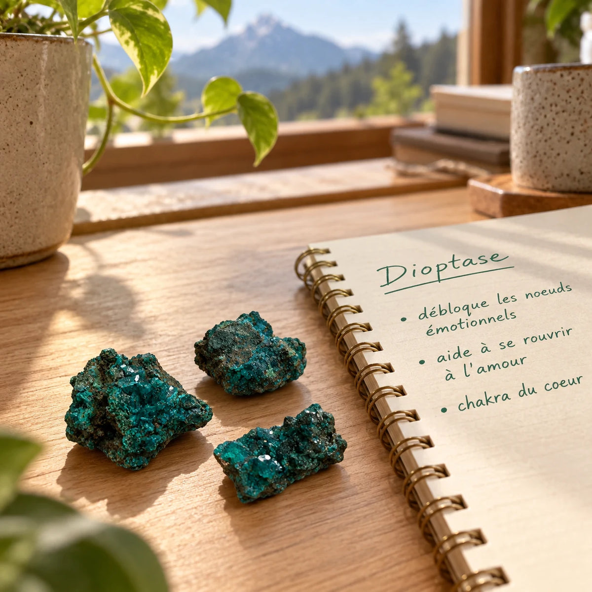 Pierres de dioptase brute posées sur une table en bois, près d’un carnet consacré à leurs vertus en lithothérapie.