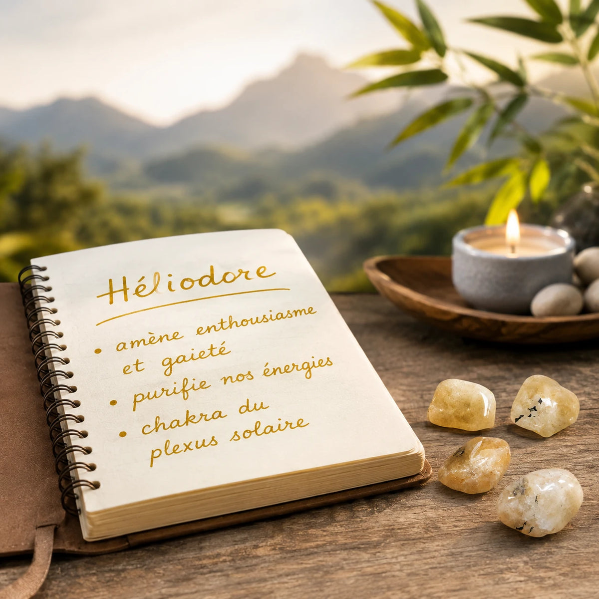 Pierres naturelles héliodore roulées du Brésil posées sur un bureau à côté d’un carnet, ambiance zen avec montagne en arrière-plan