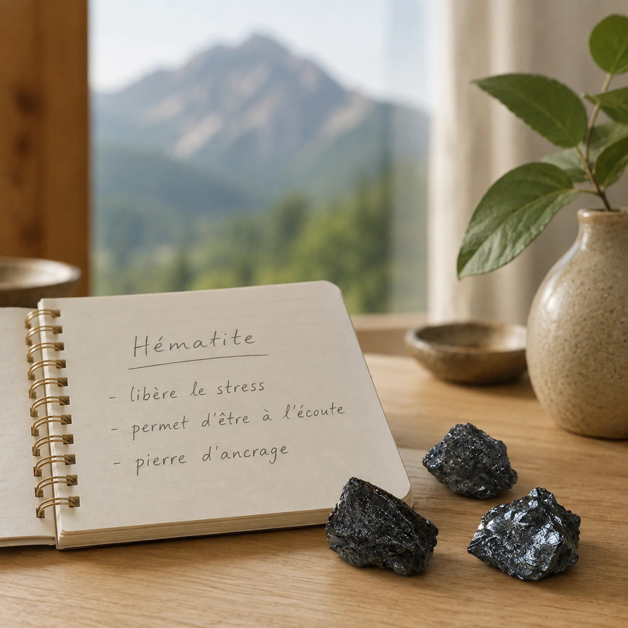 Trois pierres brutes d’hématite spécularite de l’île d’Elbe en Italie posées sur un bureau à côté d’un carnet consacré à l’hématite