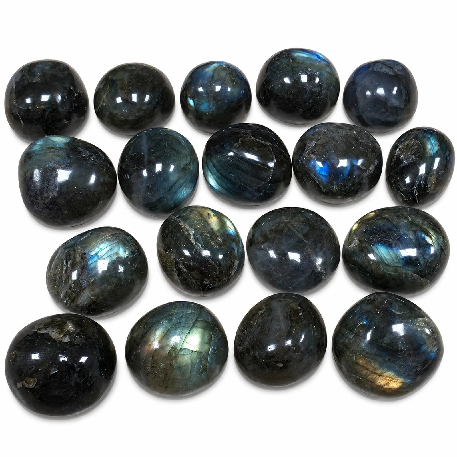 Pierre naturelle labradorite roulée de Madagascar – lot de pierres polies aux reflets bleus, verts et dorés, qualité naturelle pour collection, décoration et lithothérapie.