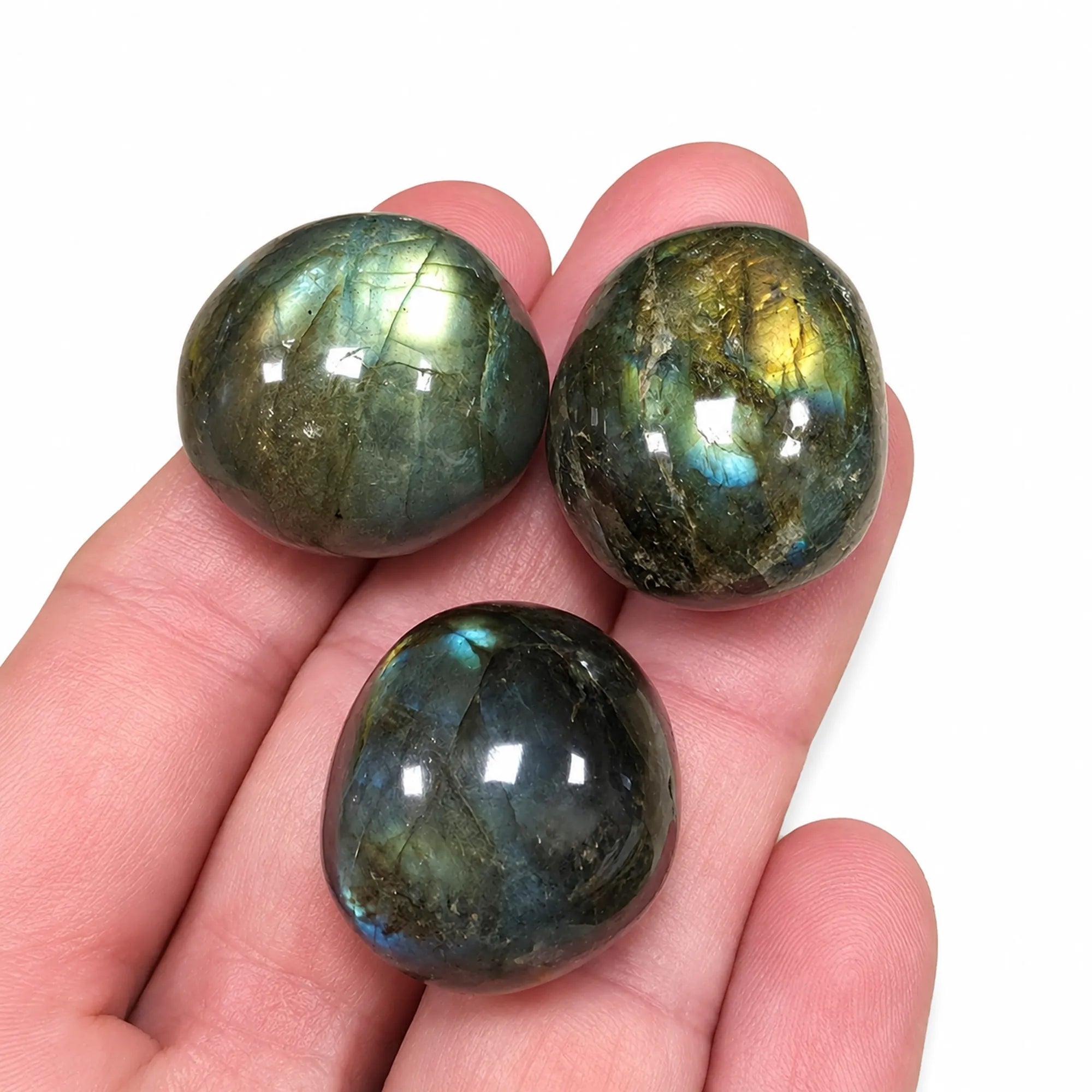 Pierre naturelle labradorite roulée de Madagascar tenue dans la main – trois pierres polies de 2 à 3 cm aux reflets irisés bleus et verts, photo montrant leur taille réelle.